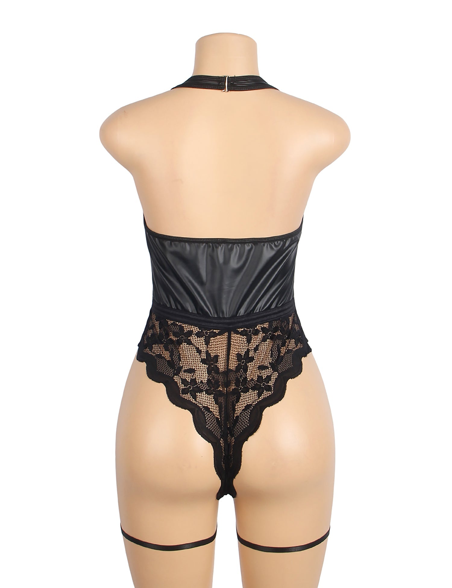 Body noir sexy en cuir PU avec dentelle et fermeture éclair, dos nu