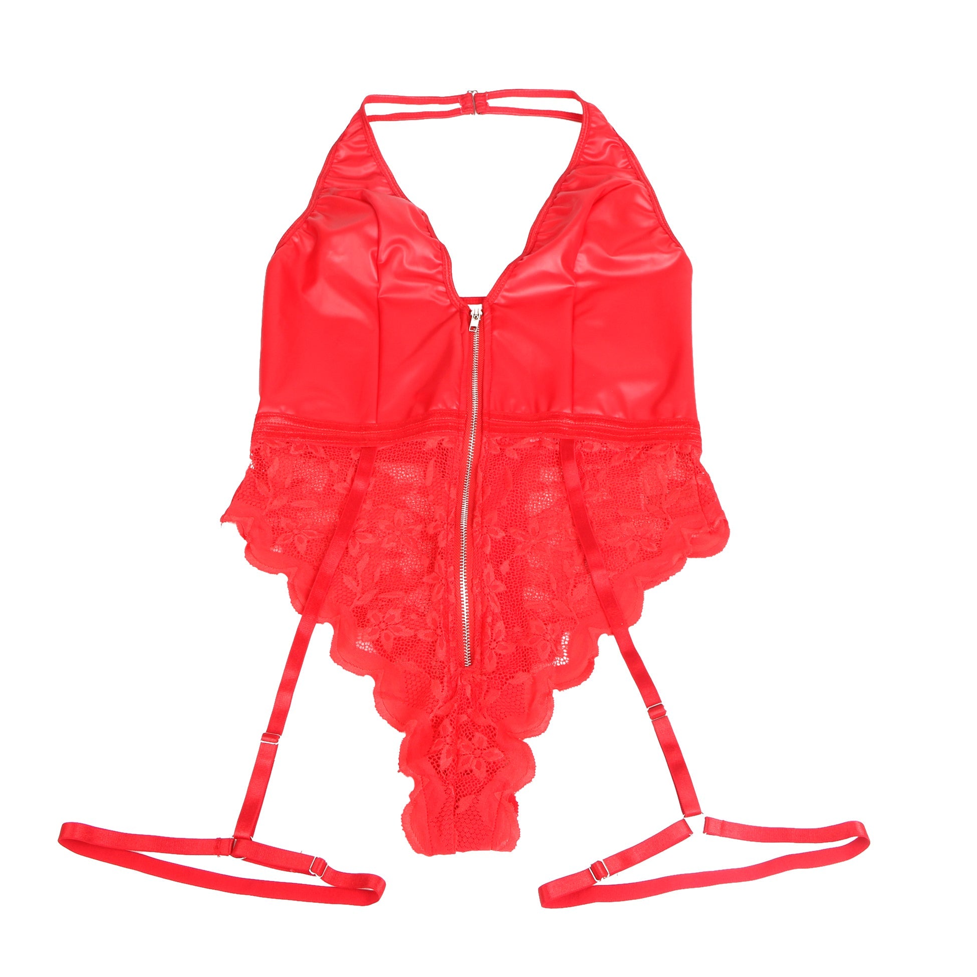 Roter, sexy Neckholder-Body aus PU-Leder mit Spitze und Reißverschluss