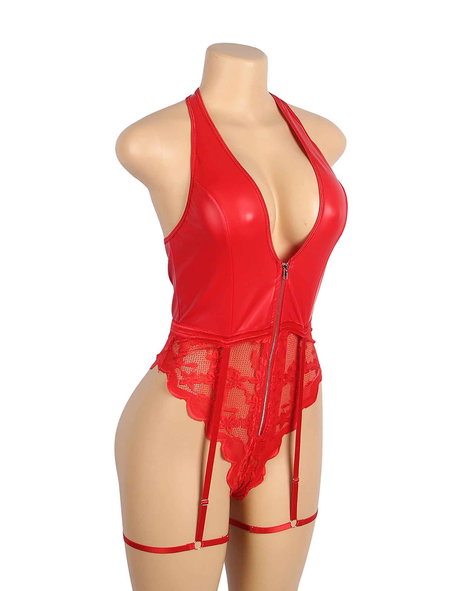 Roter, sexy Neckholder-Body aus PU-Leder mit Spitze und Reißverschluss