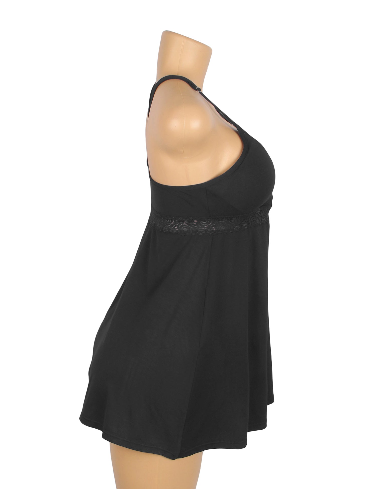 Schwarzes, sexy Modal-Spitzen-Nachthemd mit tiefem V-Ausschnitt und Trägern