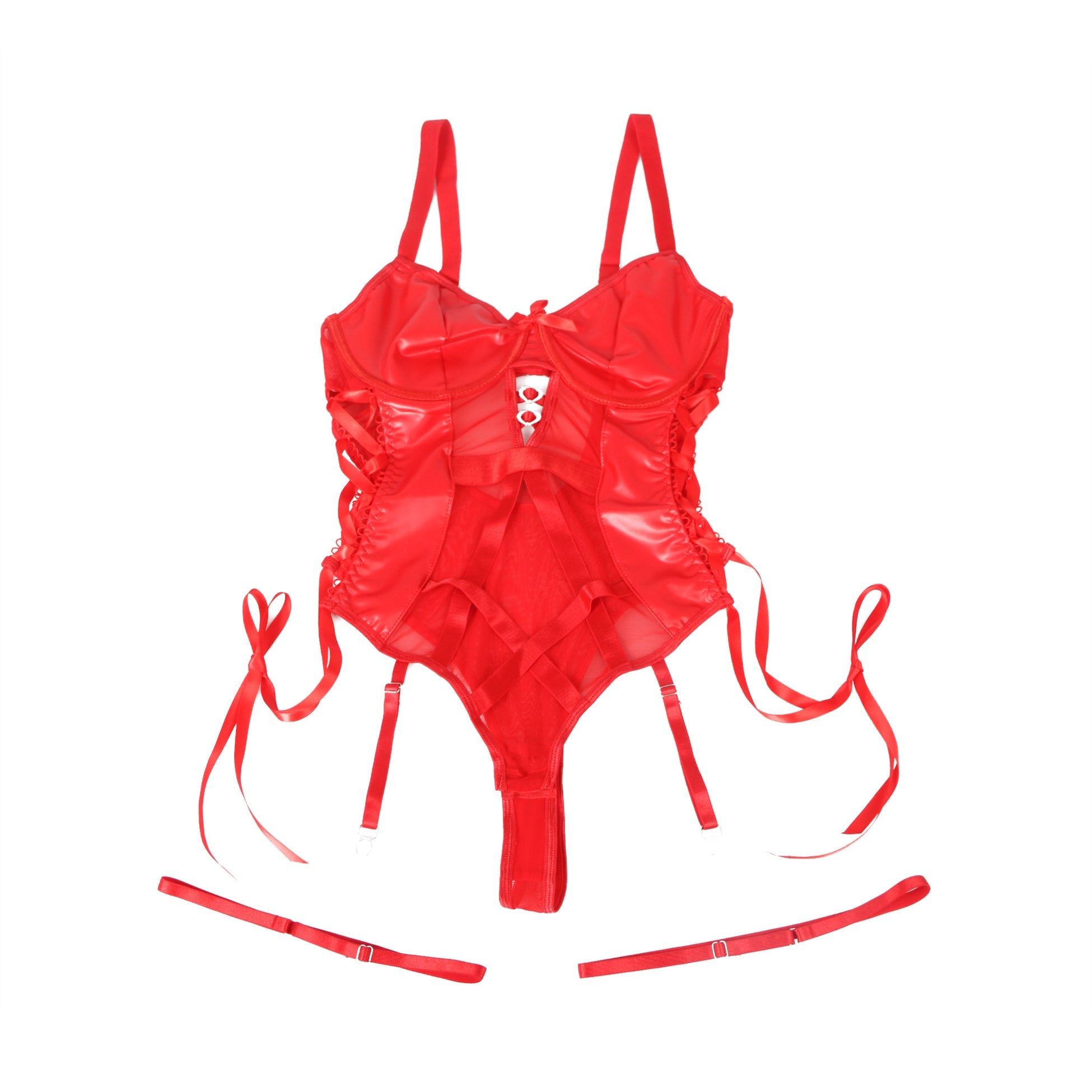 Body sexy en similicuir rouge et résille avec taille ajourée