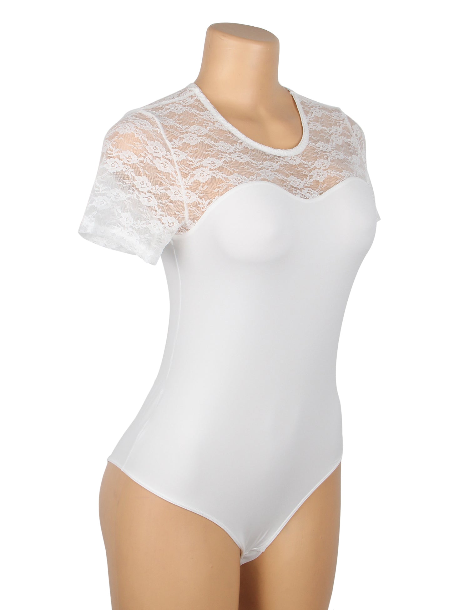 body blanc sexy en dentelle à manches courtes et entrejambe ouverte