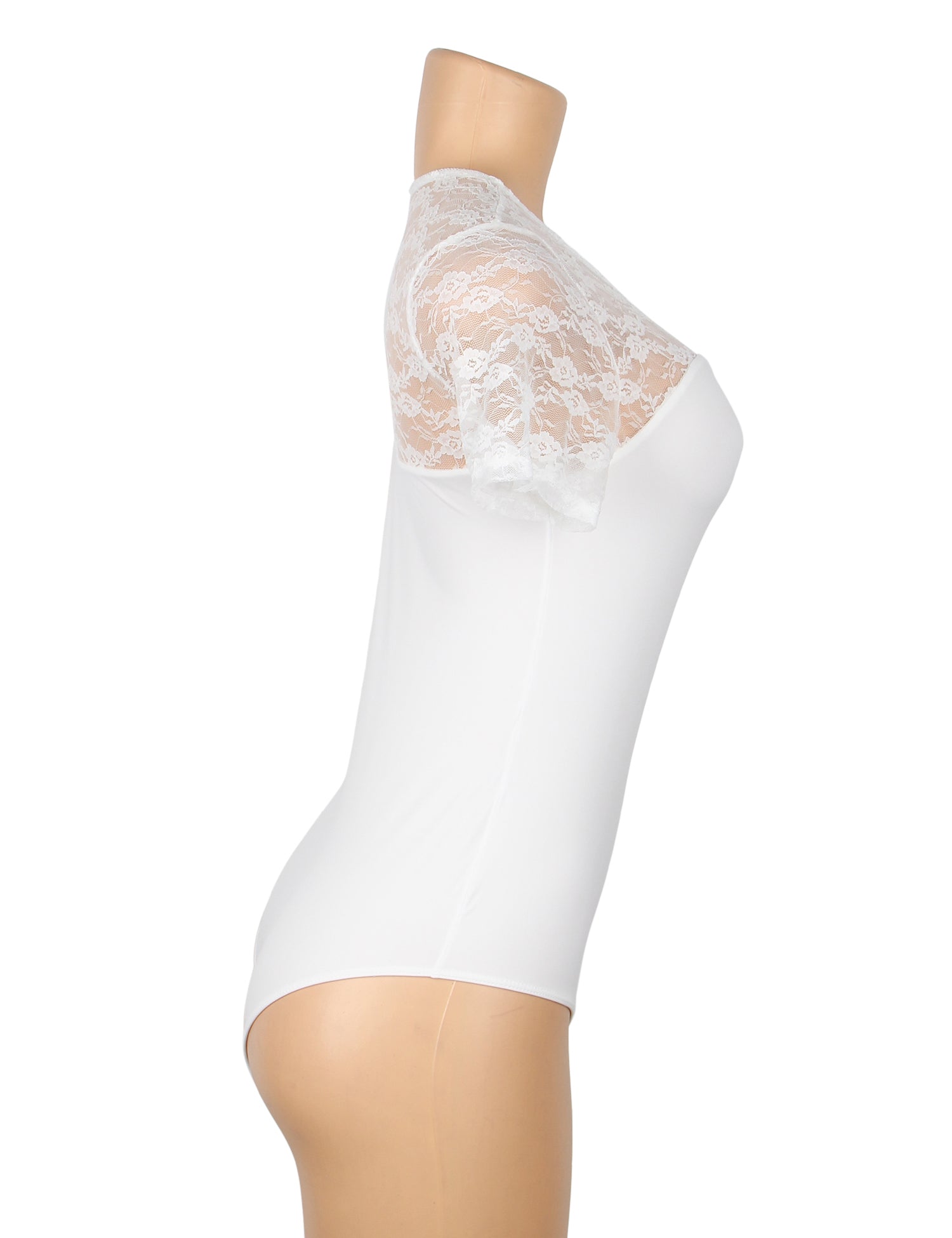 body blanc sexy en dentelle à manches courtes et entrejambe ouverte