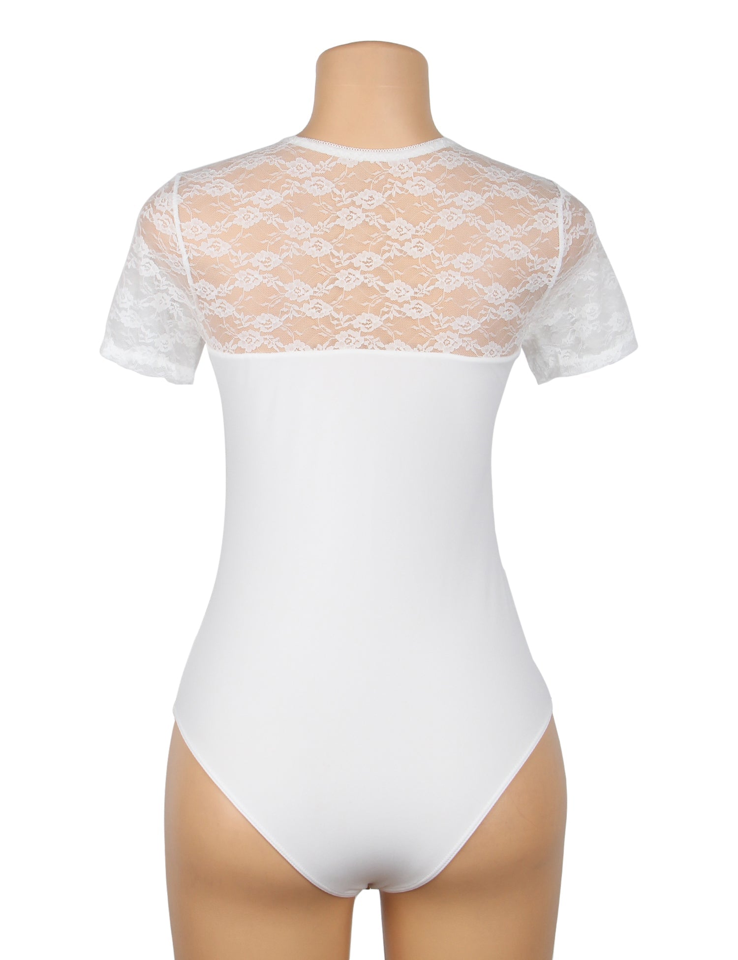 body blanc sexy en dentelle à manches courtes et entrejambe ouverte