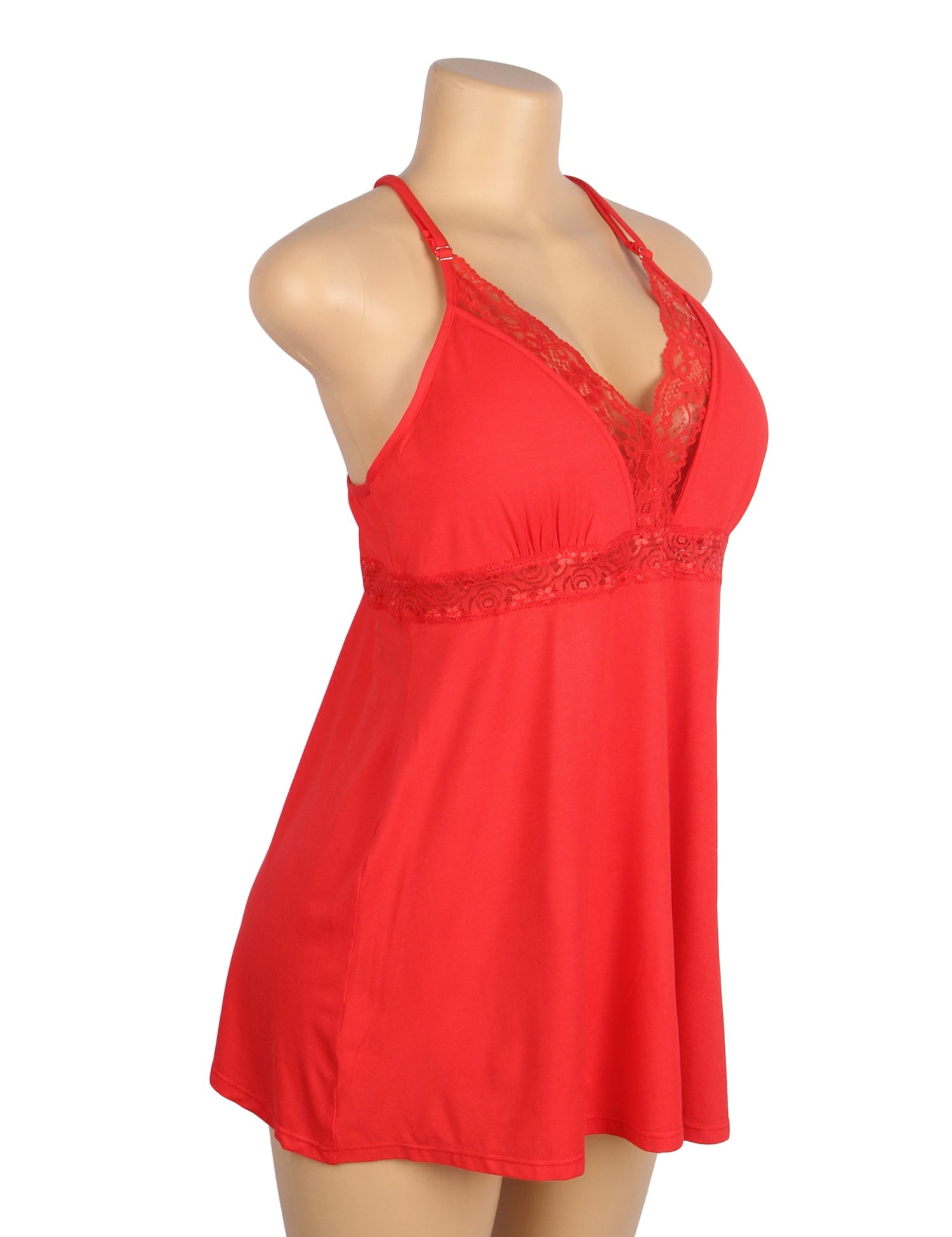 Rotes, sexy Modal-Spitzen-Nachthemd mit tiefem V-Ausschnitt und Trägern