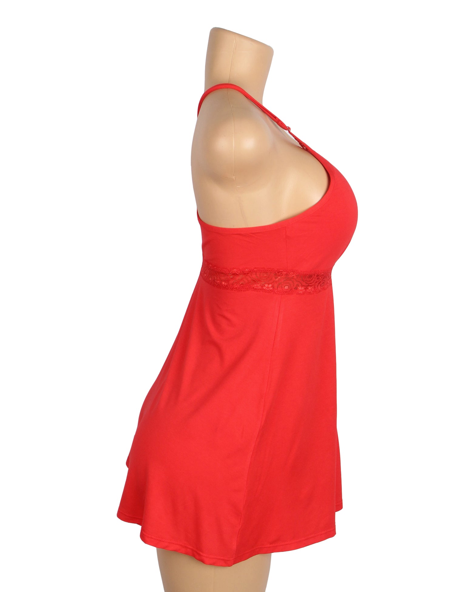 Rotes, sexy Modal-Spitzen-Nachthemd mit tiefem V-Ausschnitt und Trägern