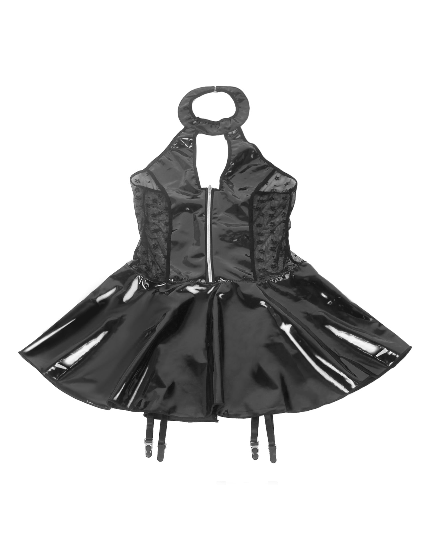 Schwarze, nass aussehende Neckholder-Dessous aus Lackleder mit Spitzenstrumpfband