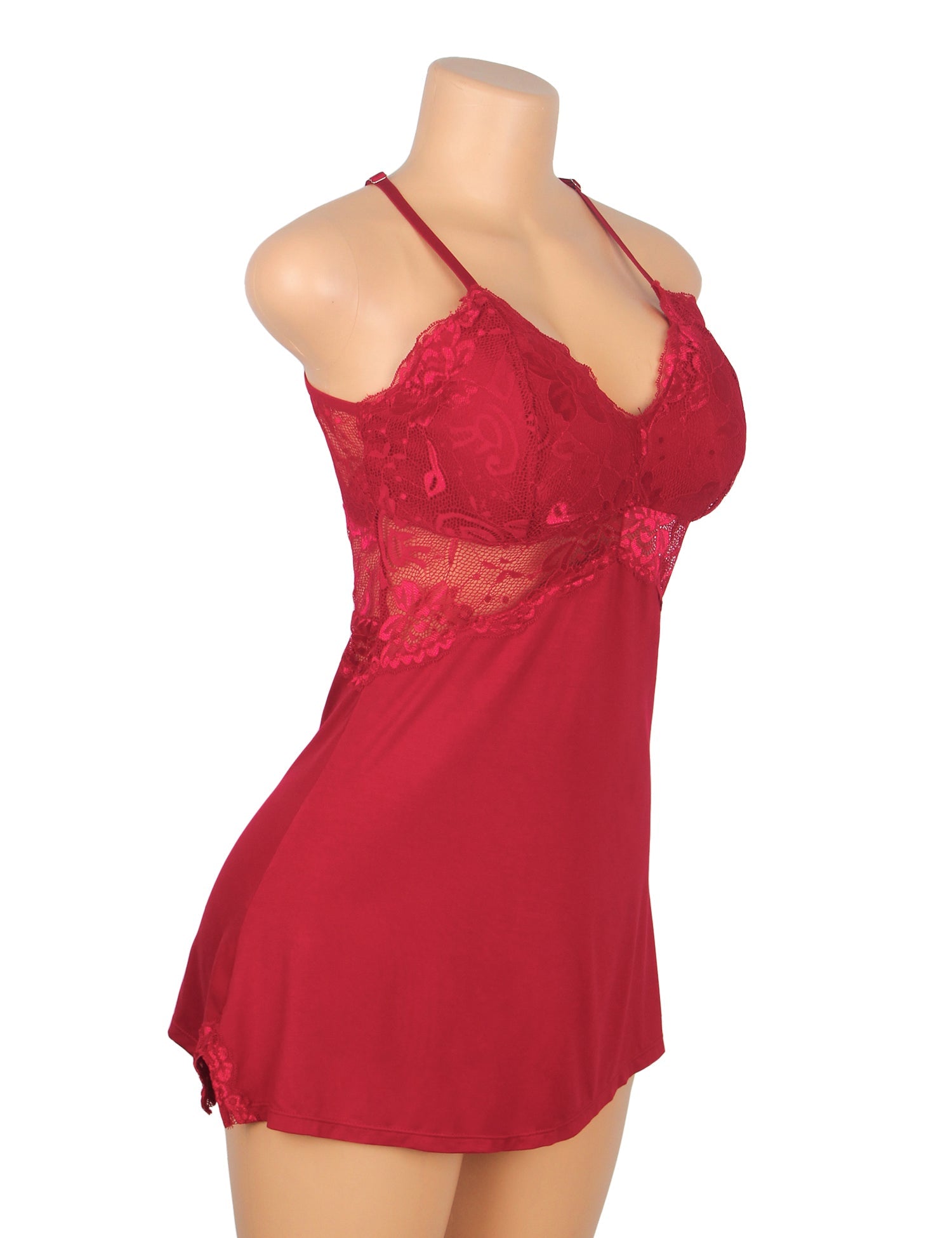 Burgunderfarbenes, sexy rückenfreies Nachthemd aus Modal-Spitze