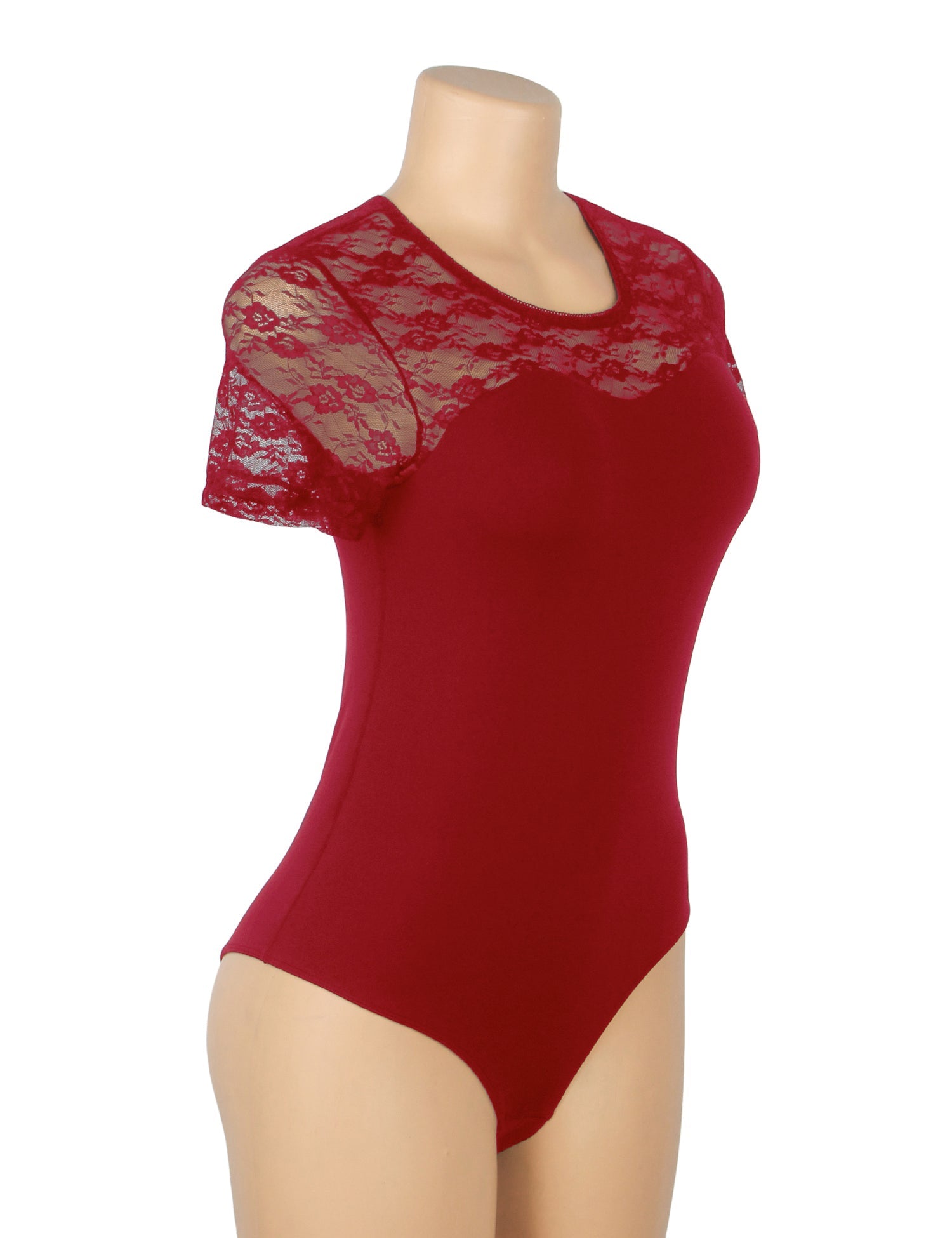 Roter, sexy Badeanzug aus Spitze mit kurzen Ärmeln und offenem Schritt