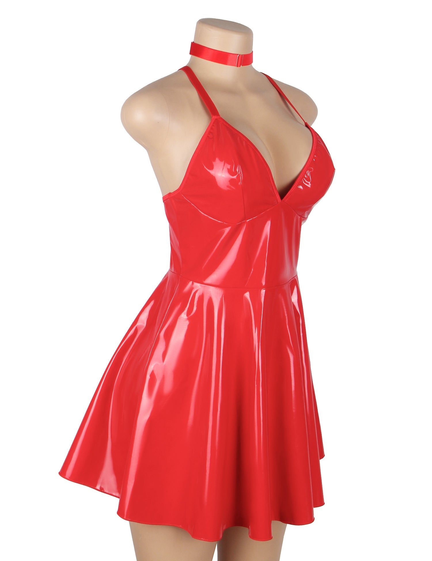 Rotes, sexy Nachthemd mit tiefem V-Ausschnitt, Wet-Look-Kunstleder und Strumpfhaltern