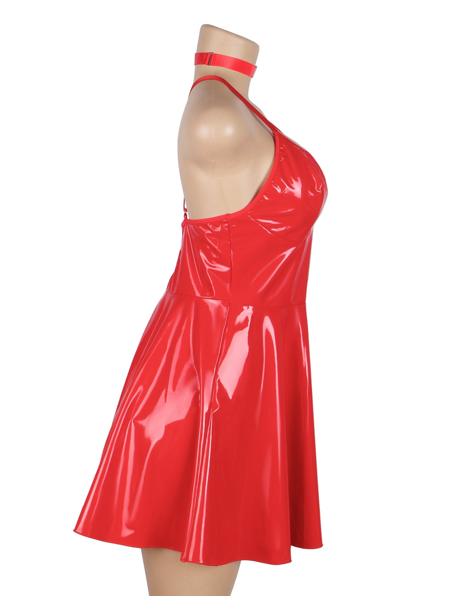 Rotes, sexy Nachthemd mit tiefem V-Ausschnitt, Wet-Look-Kunstleder und Strumpfhaltern