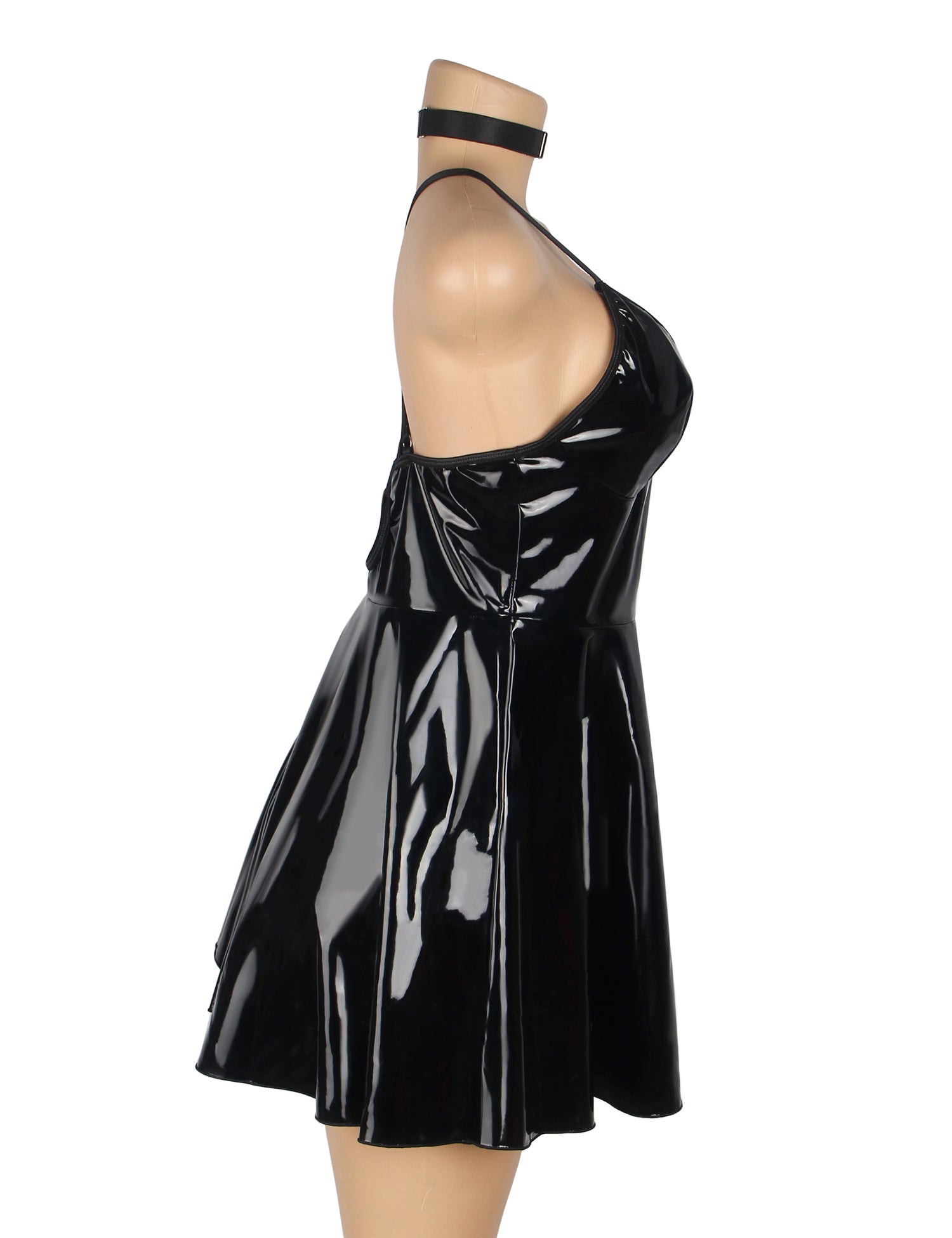 Schwarzes, sexy Nachthemd mit tiefem V-Ausschnitt und Wet-Look-Kunstleder-Trägern