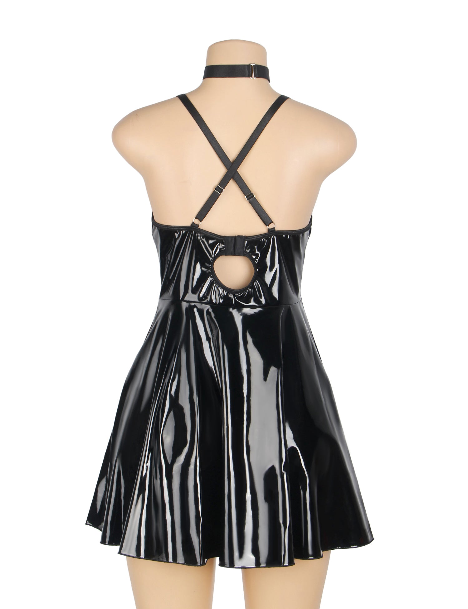 Schwarzes, sexy Nachthemd mit tiefem V-Ausschnitt und Wet-Look-Kunstleder-Trägern