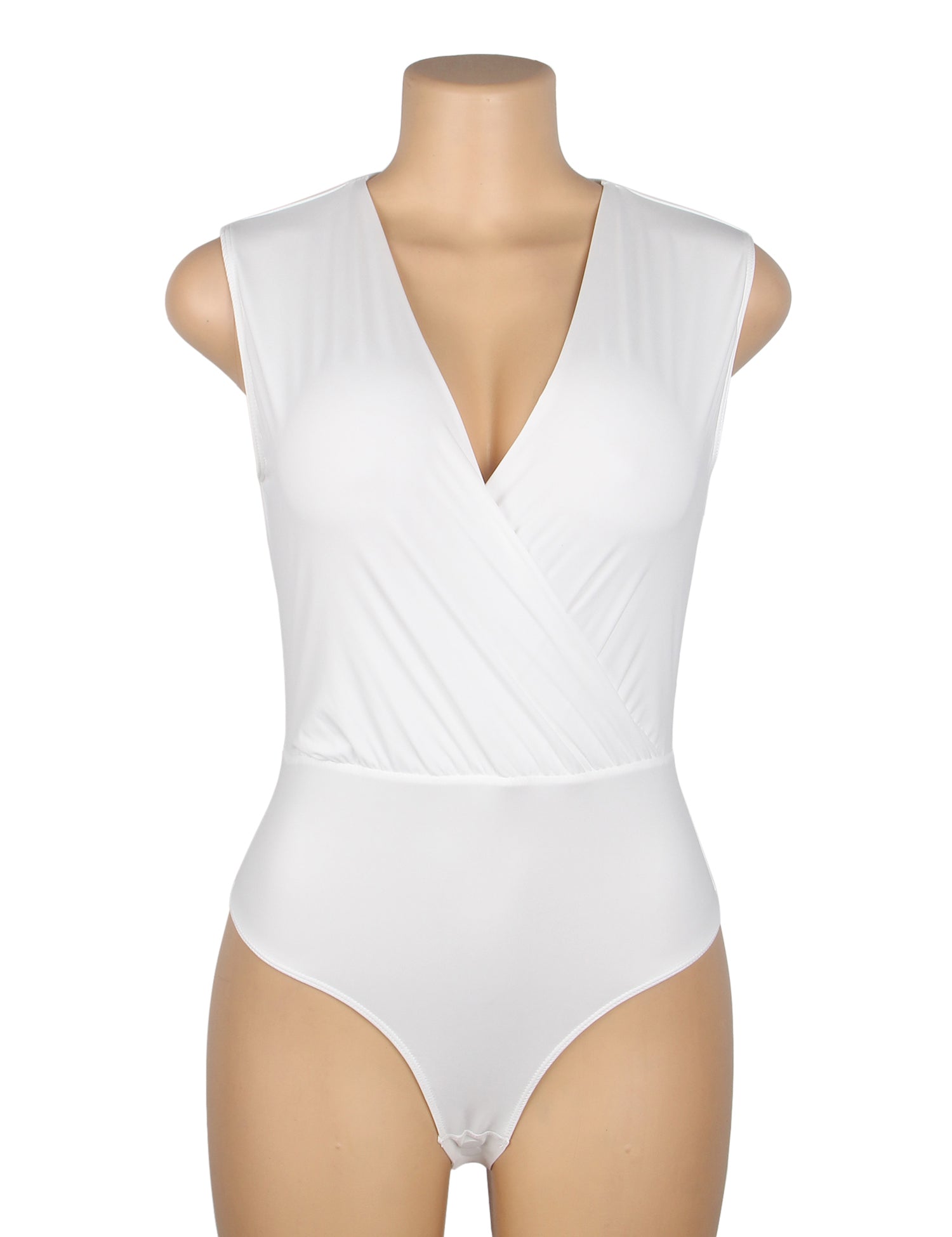 Weißer, sexy Badeanzug aus tief ausgeschnittenem, ärmellosem Stoff mit offenem Schritt