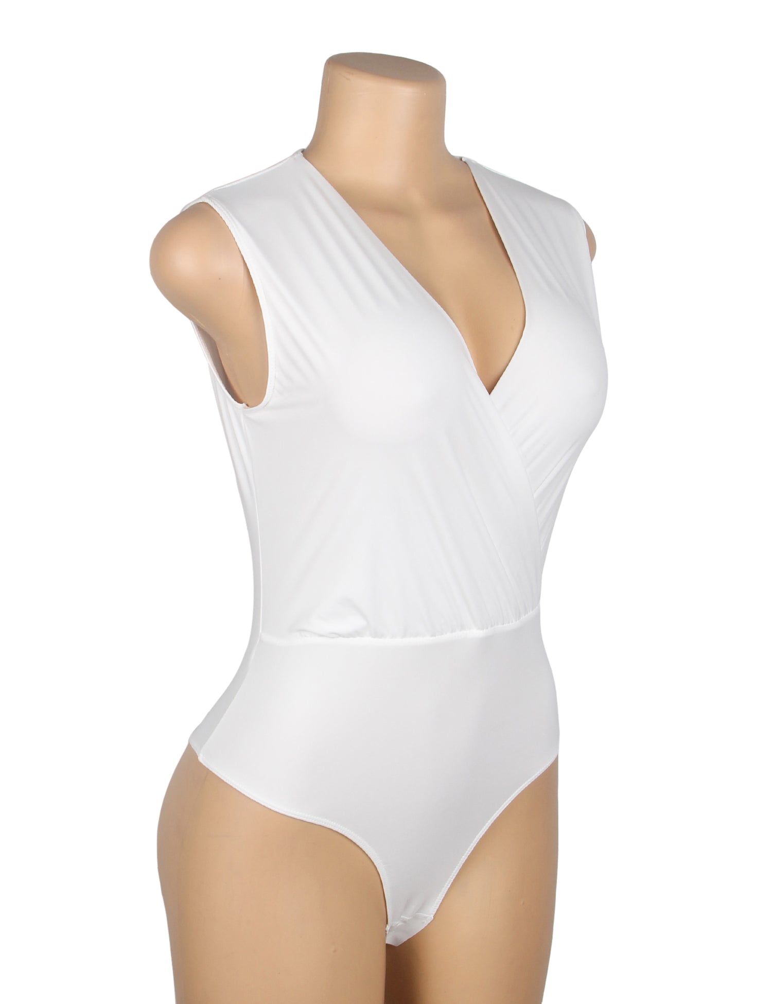 Weißer, sexy Badeanzug aus tief ausgeschnittenem, ärmellosem Stoff mit offenem Schritt