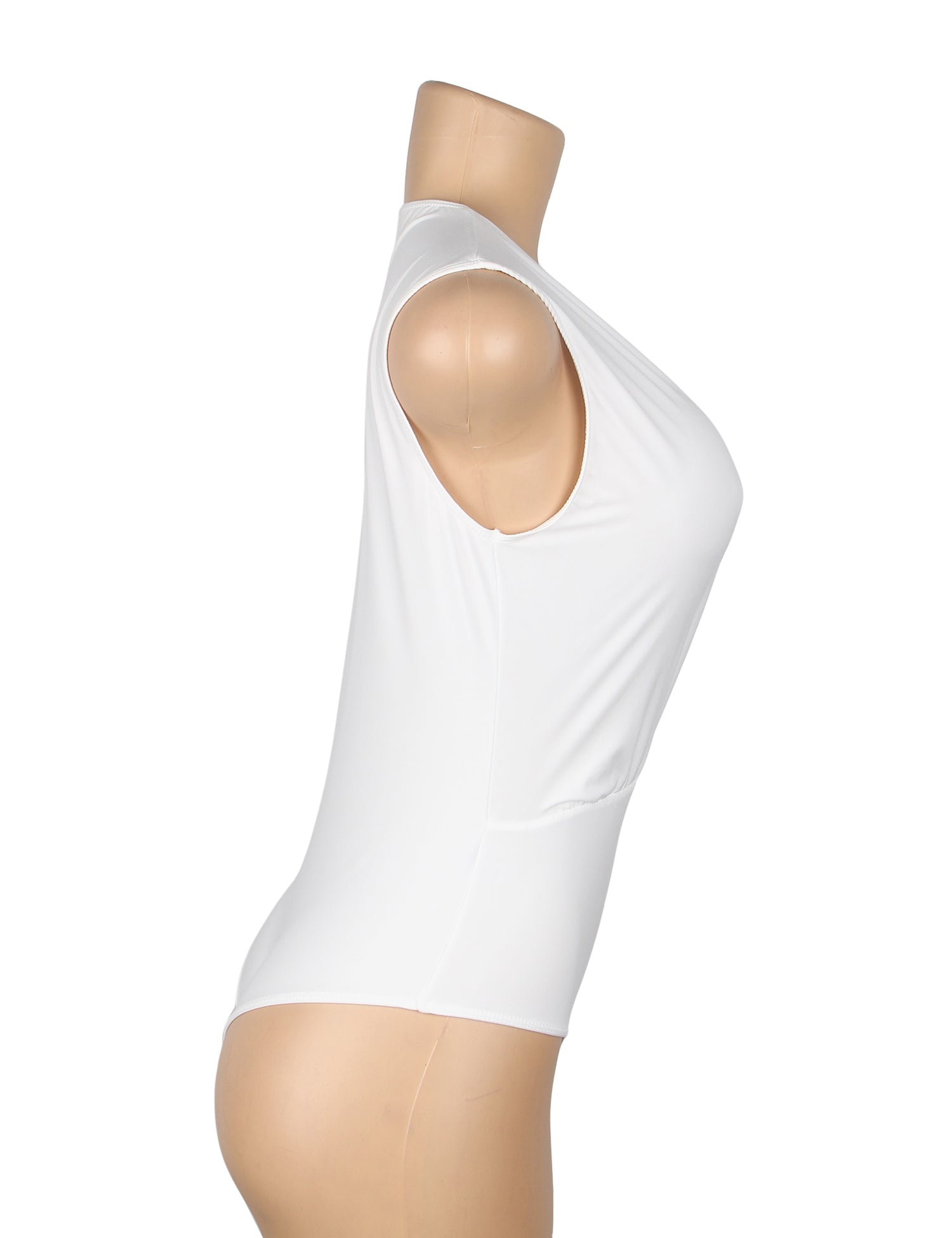 Weißer, sexy Badeanzug aus tief ausgeschnittenem, ärmellosem Stoff mit offenem Schritt