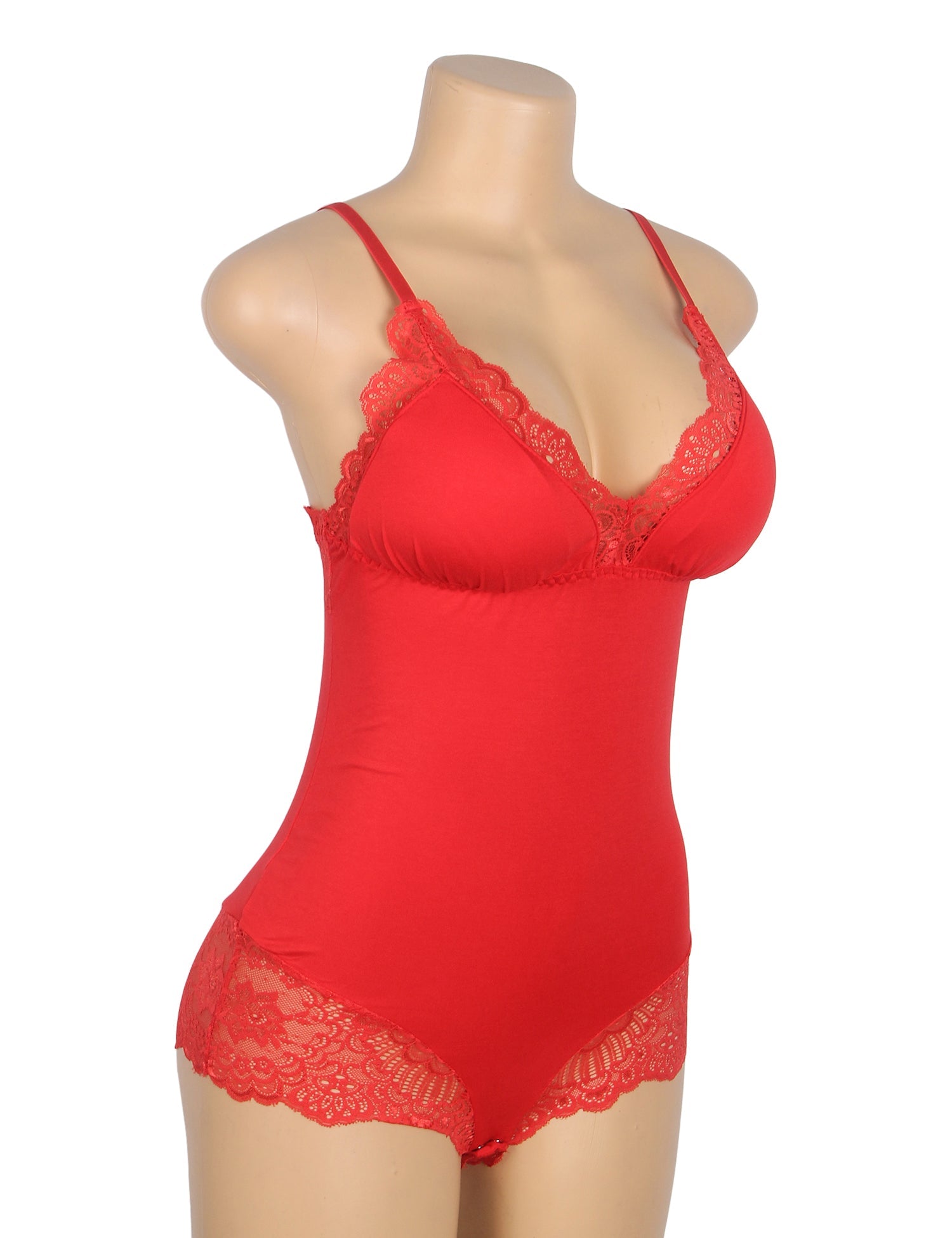 Red Sexy Modal Lace Crotchless Bodysuit