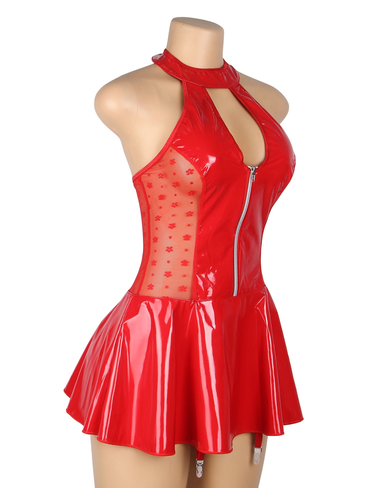 Rotes, nass aussehendes Neckholder-Dessous aus Lackleder mit Spitzenstrumpfband