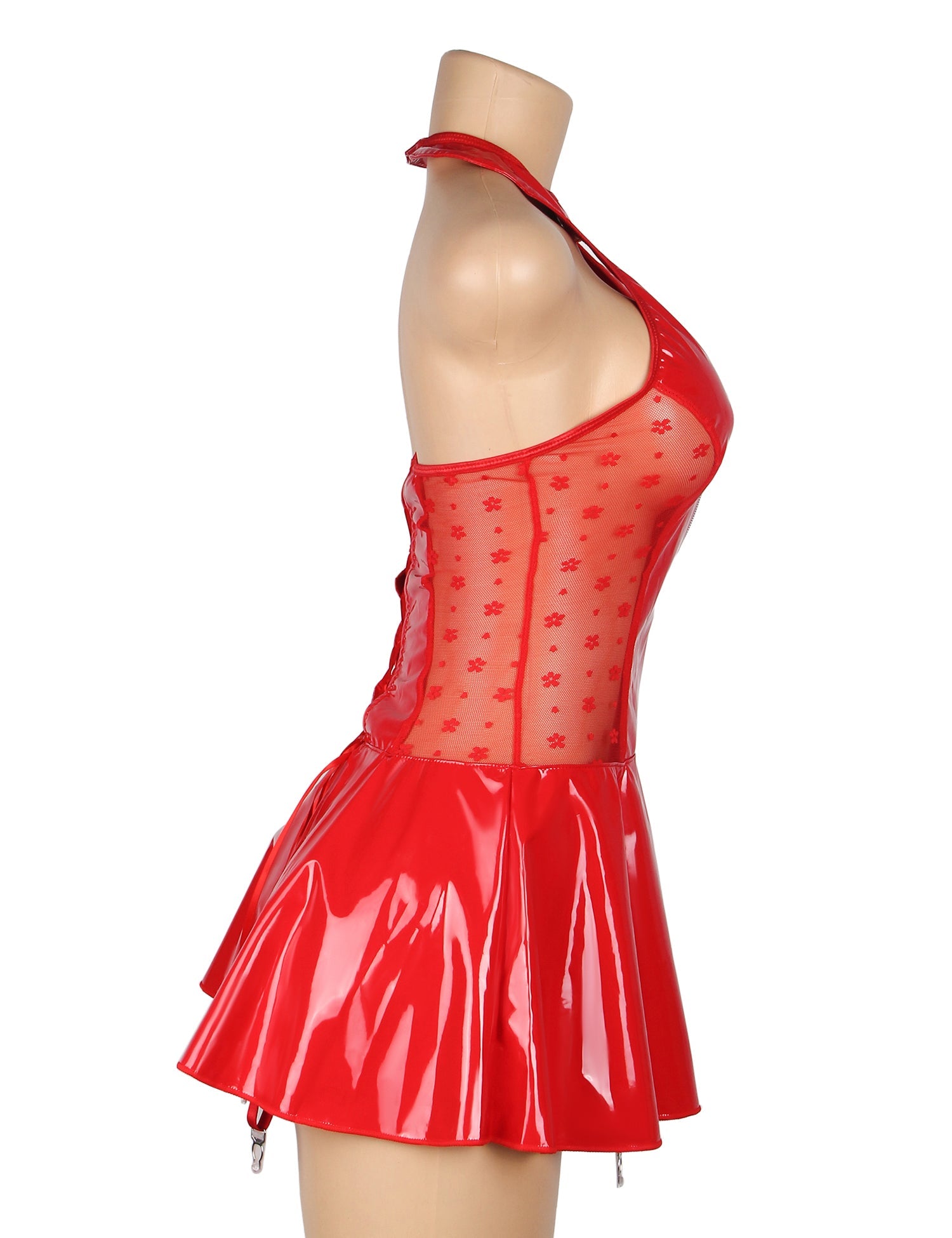 Rotes, nass aussehendes Neckholder-Dessous aus Lackleder mit Spitzenstrumpfband