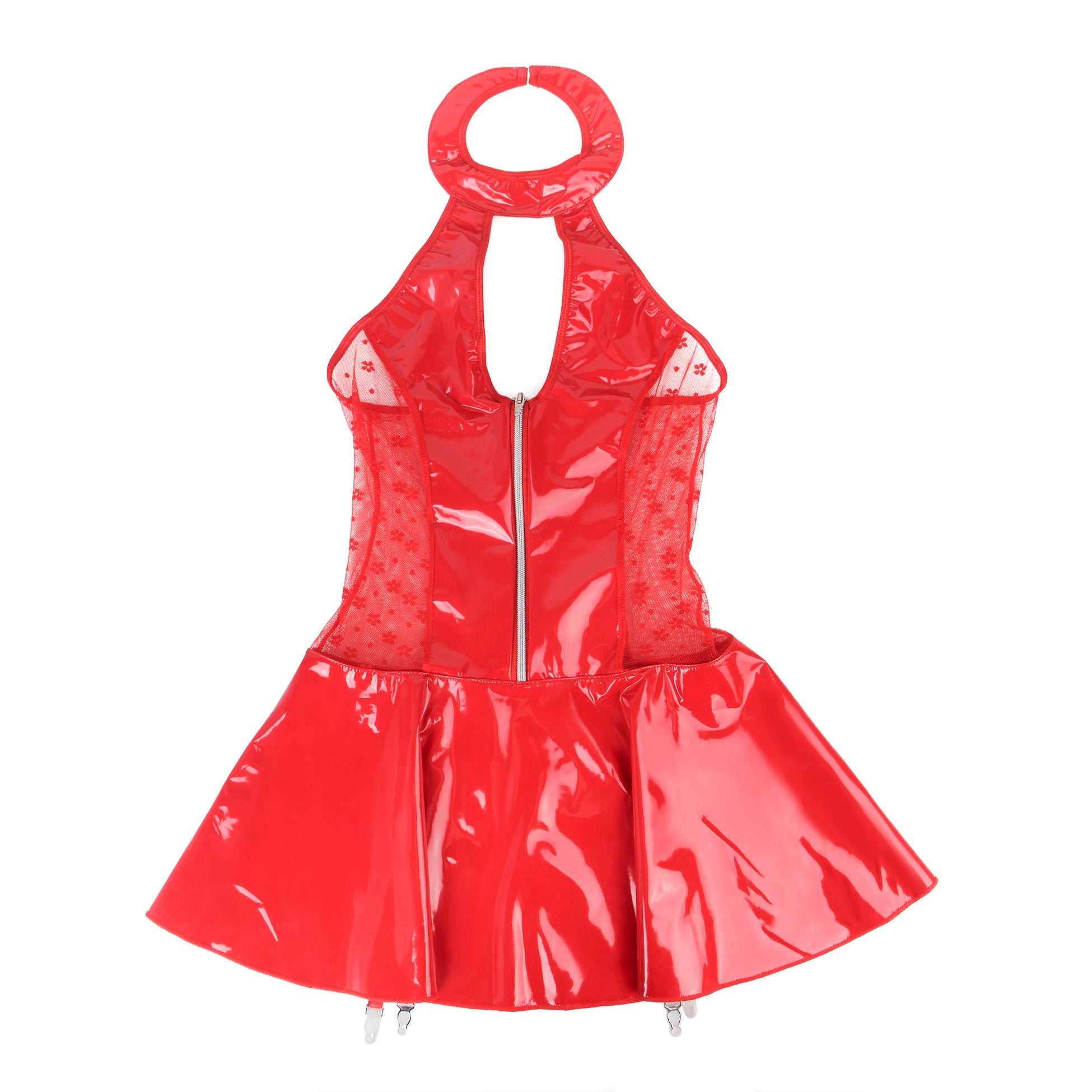 Rotes, nass aussehendes Neckholder-Dessous aus Lackleder mit Spitzenstrumpfband