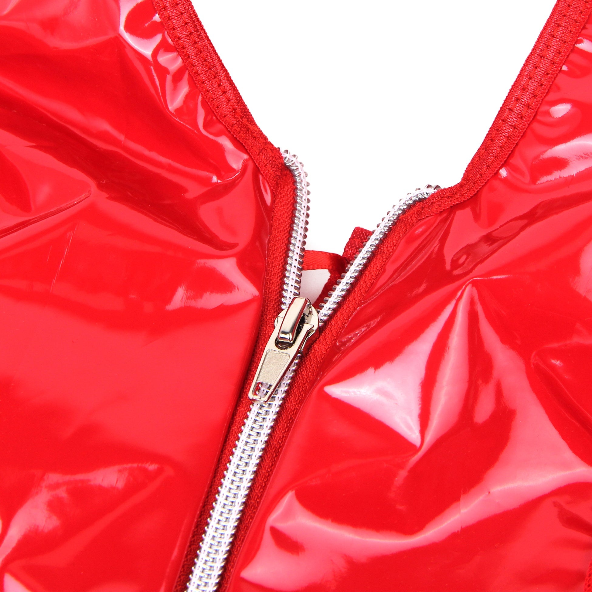 Rotes, nass aussehendes Neckholder-Dessous aus Lackleder mit Spitzenstrumpfband