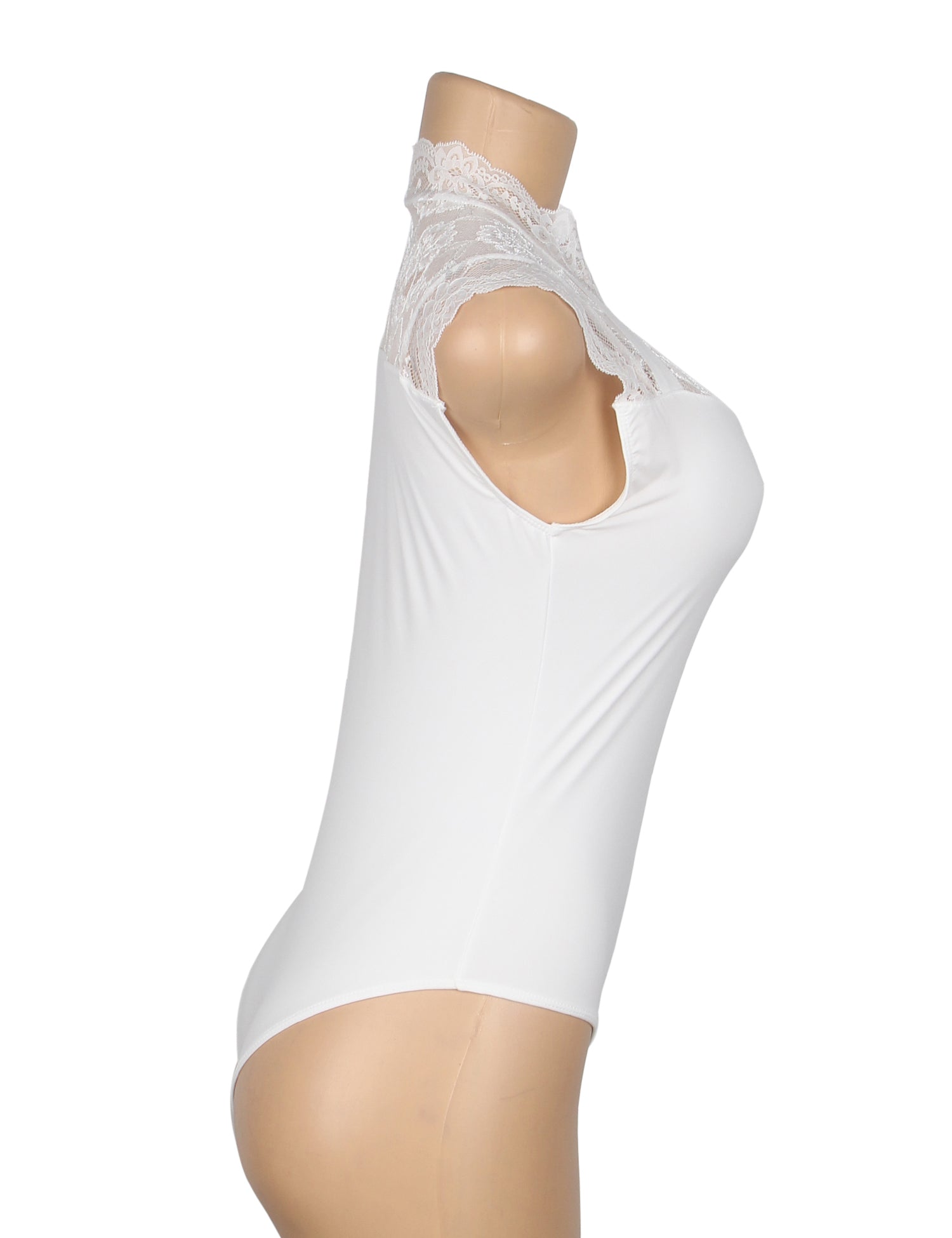 Weißer, sexy Badeanzug aus Spitze, ärmellos, offener Schritt