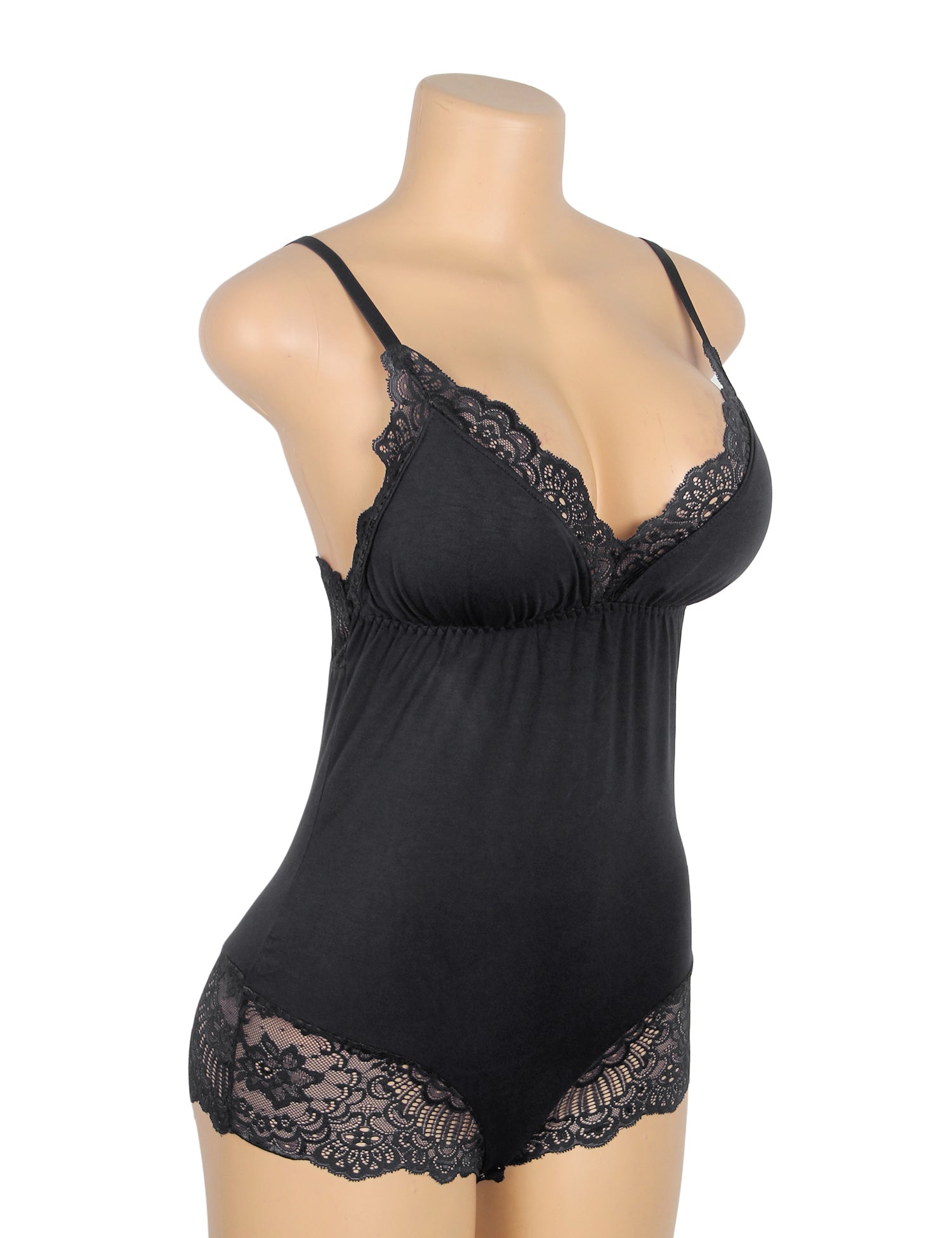 Black Sexy Modal Lace Crotchless Bodysuit