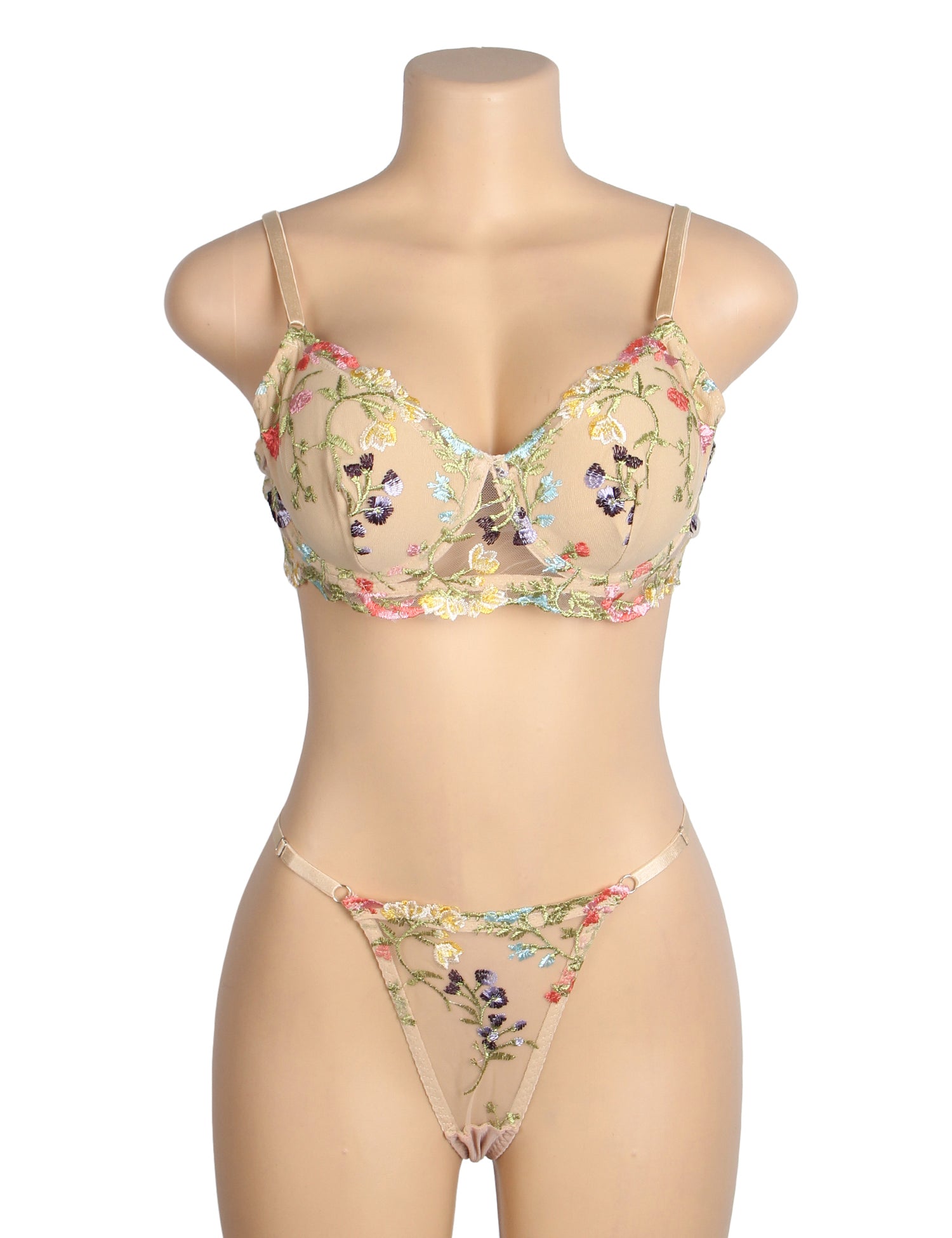 Yellow Sexy Mesh Floral Embroidery Bra Set