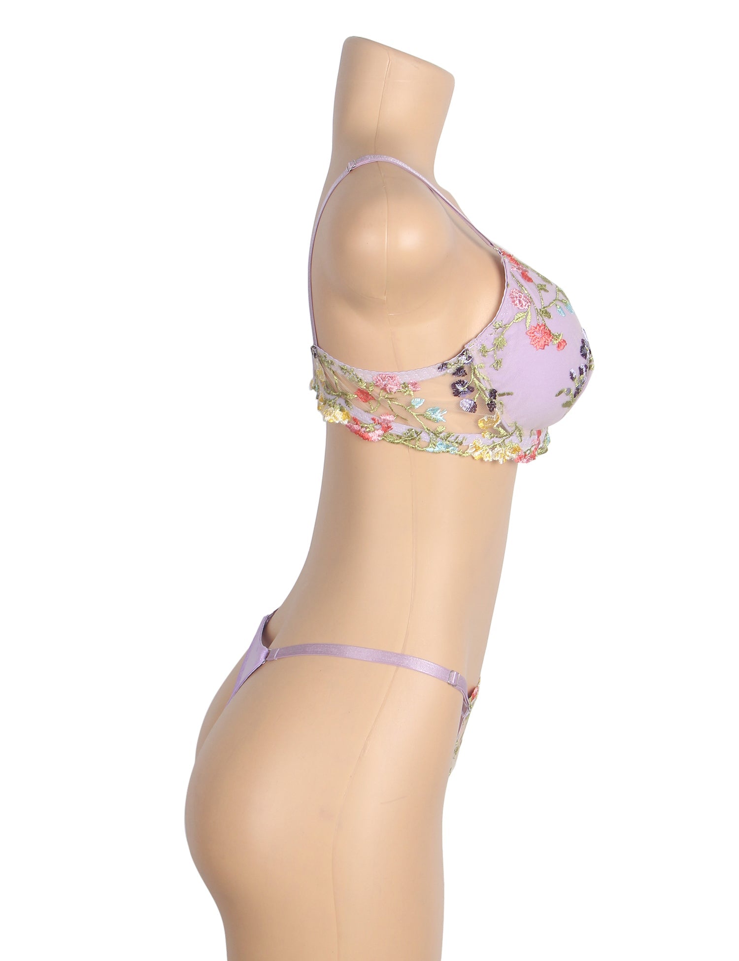 Lila sexy Mesh-BH-Set mit Blumenstickerei