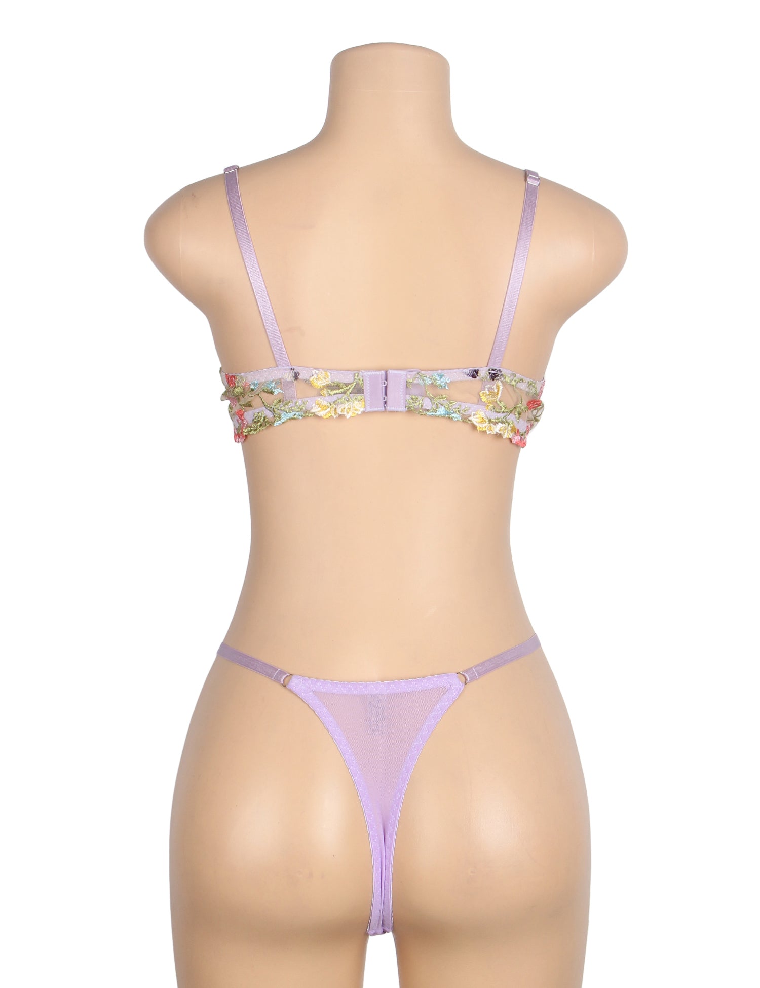 Lila sexy Mesh-BH-Set mit Blumenstickerei