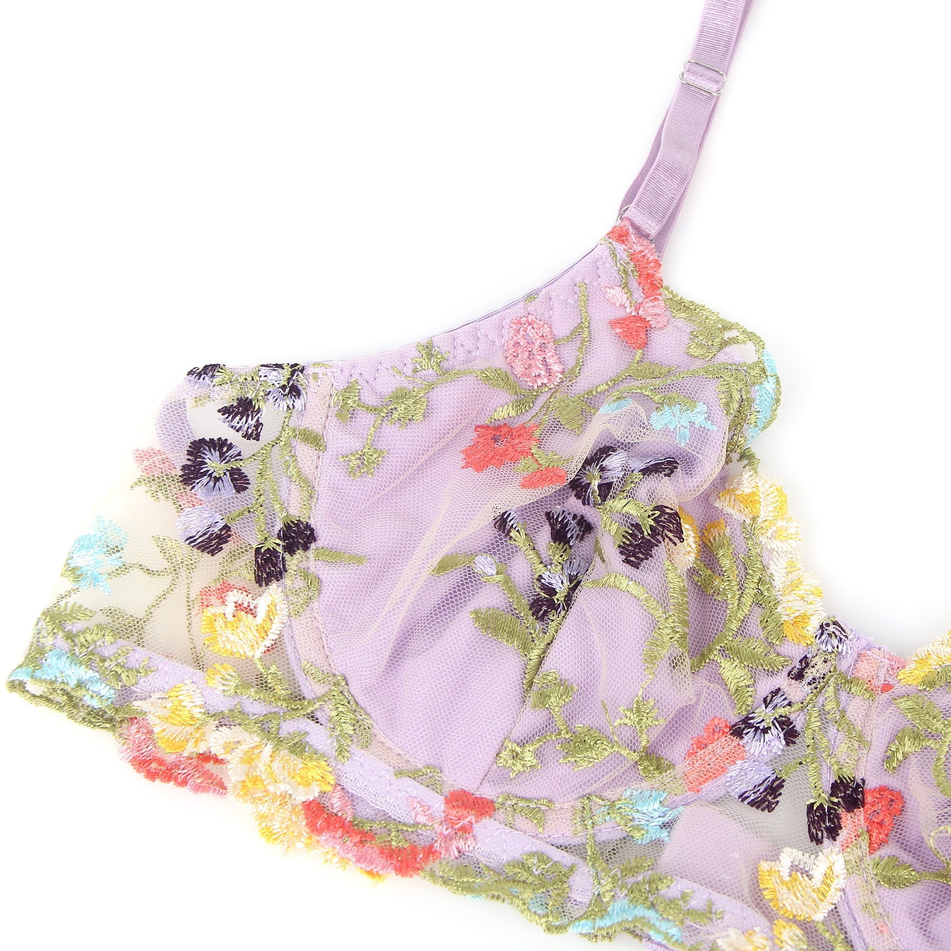 Lila sexy Mesh-BH-Set mit Blumenstickerei