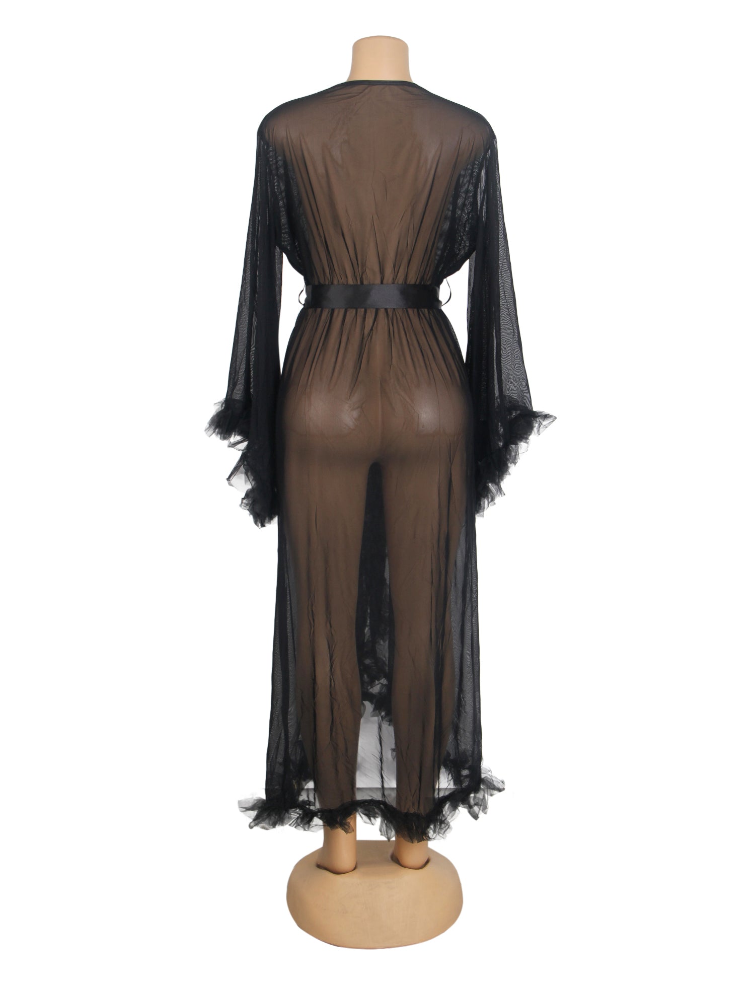 Robe longue noire sexy en résille à volants avec ceinture