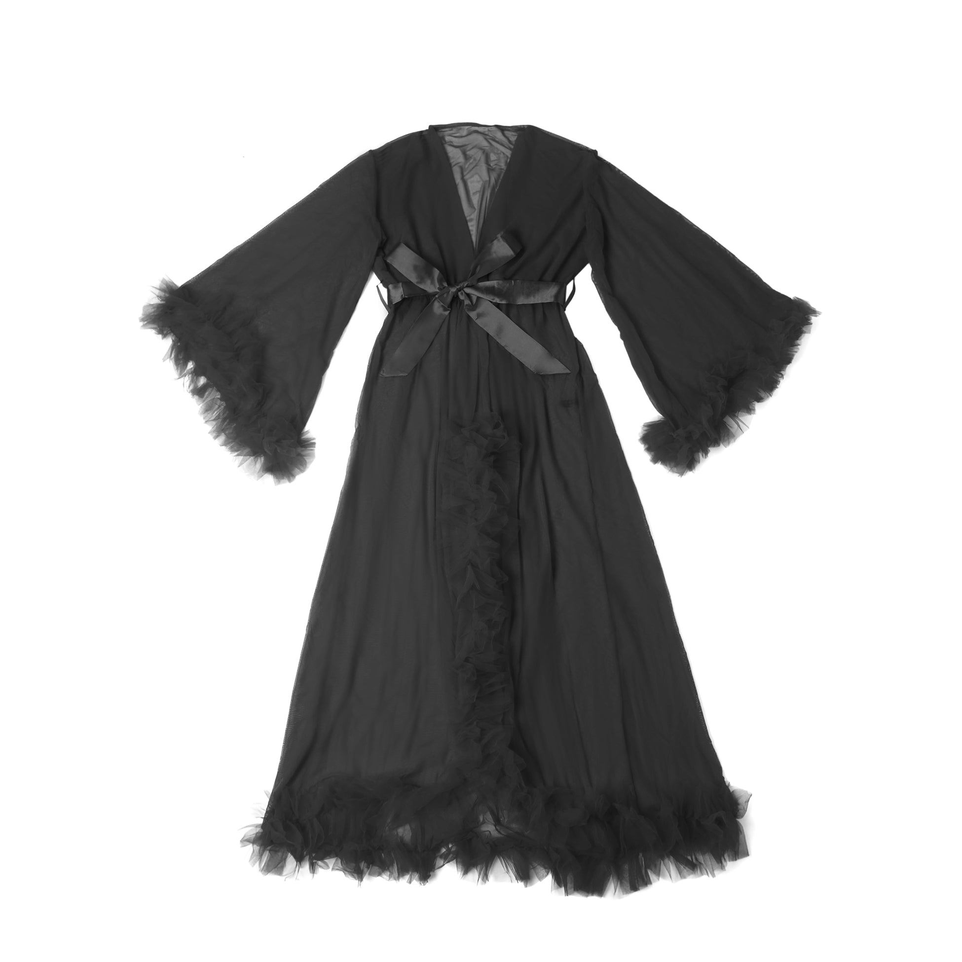 Robe longue noire sexy en résille à volants avec ceinture