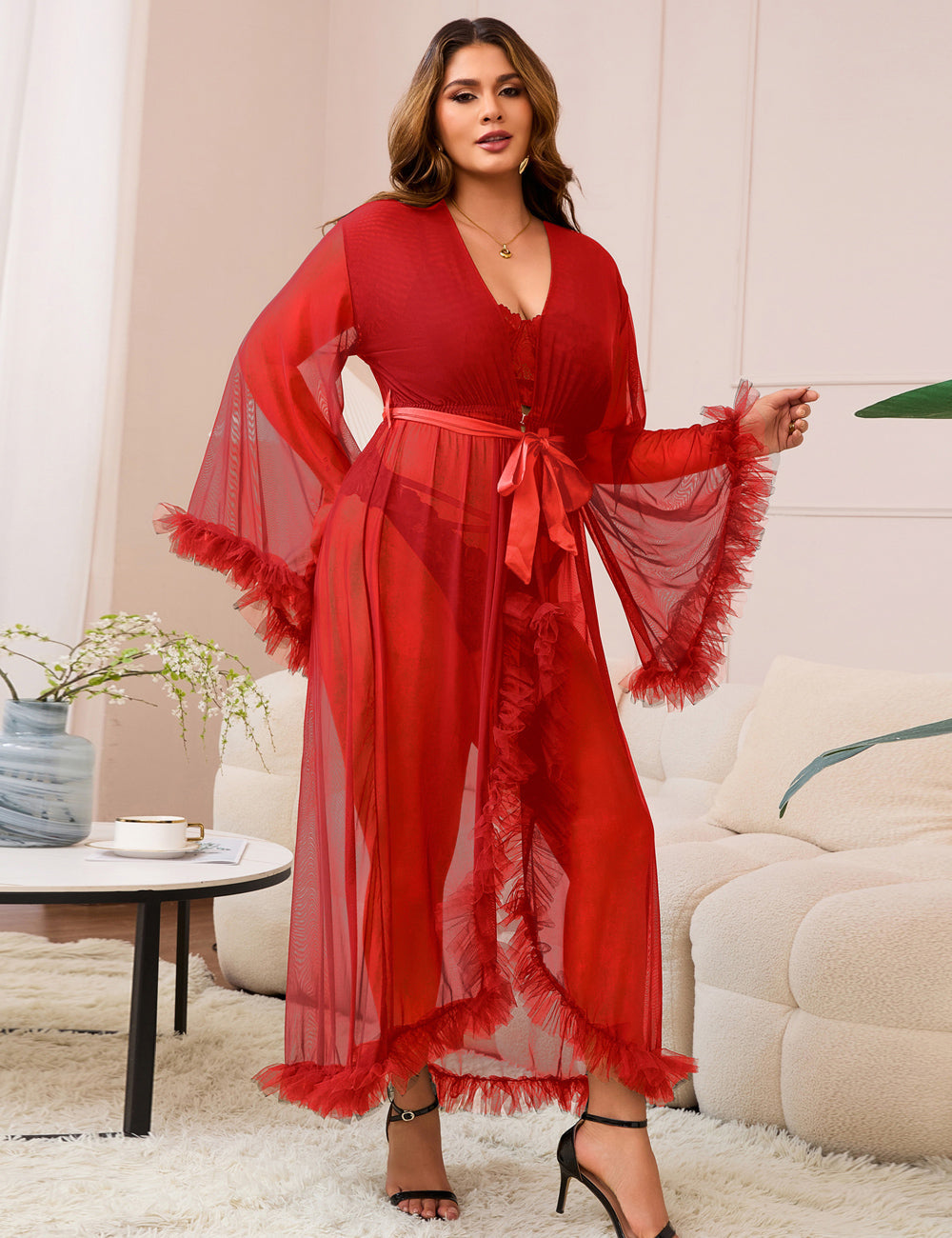 Robe longue rouge sexy en résille à volants avec ceinture
