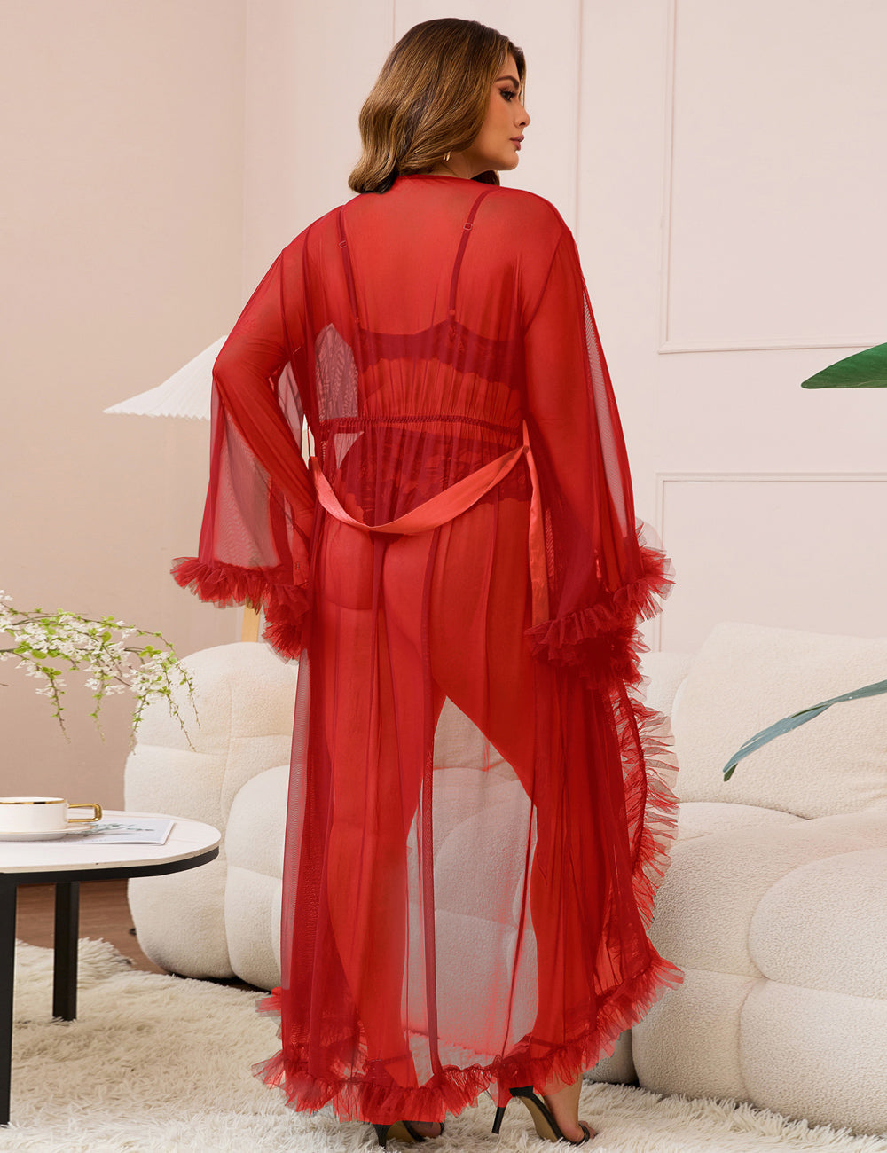 Red Sexy Mesh Ruffled Long Robe With Belt