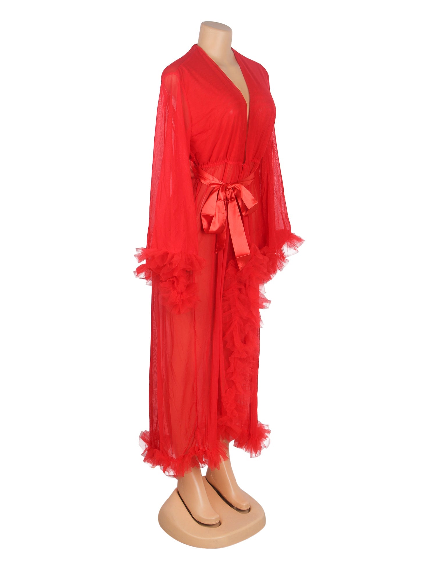 Red Sexy Mesh Ruffled Long Robe With Belt