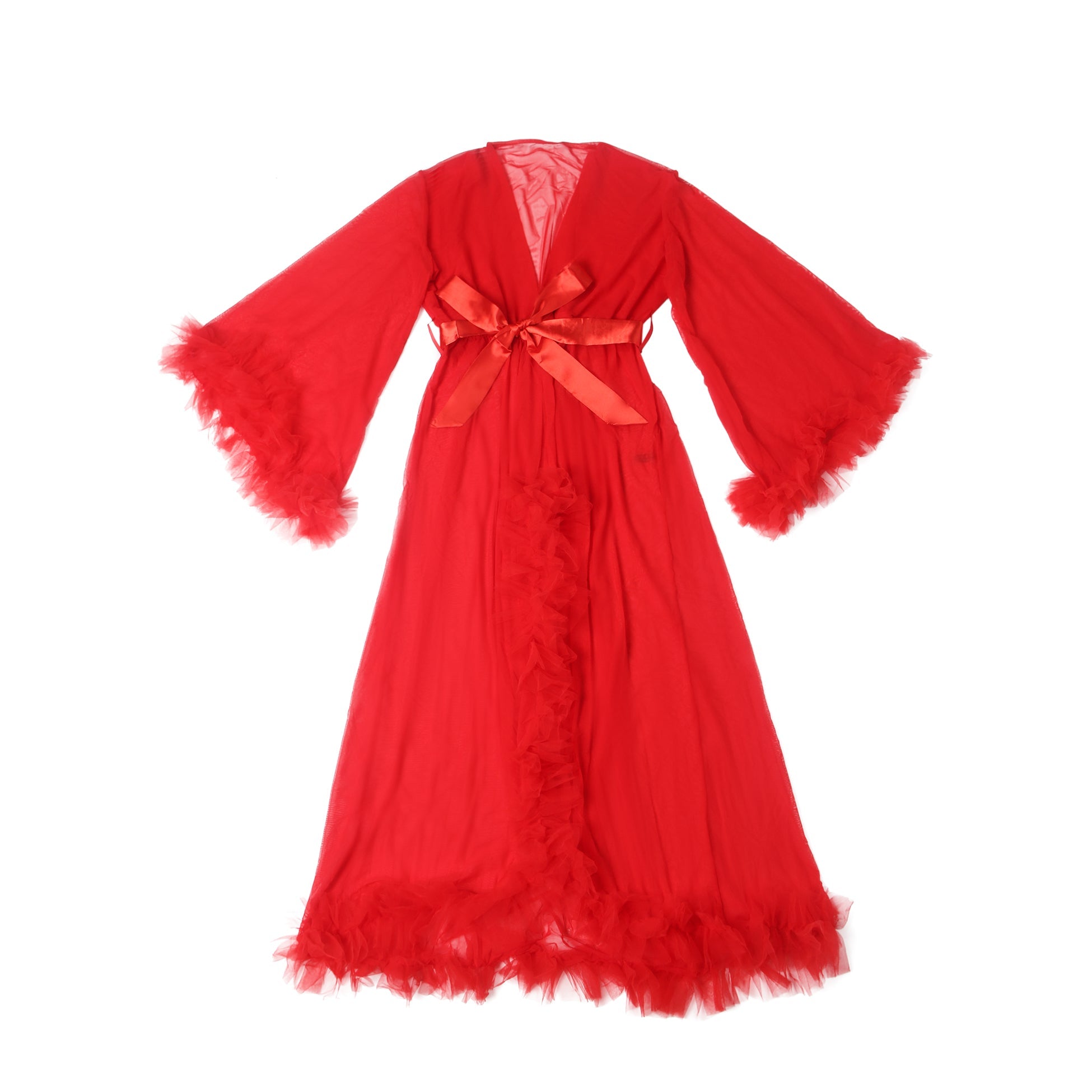 Red Sexy Mesh Ruffled Long Robe With Belt
