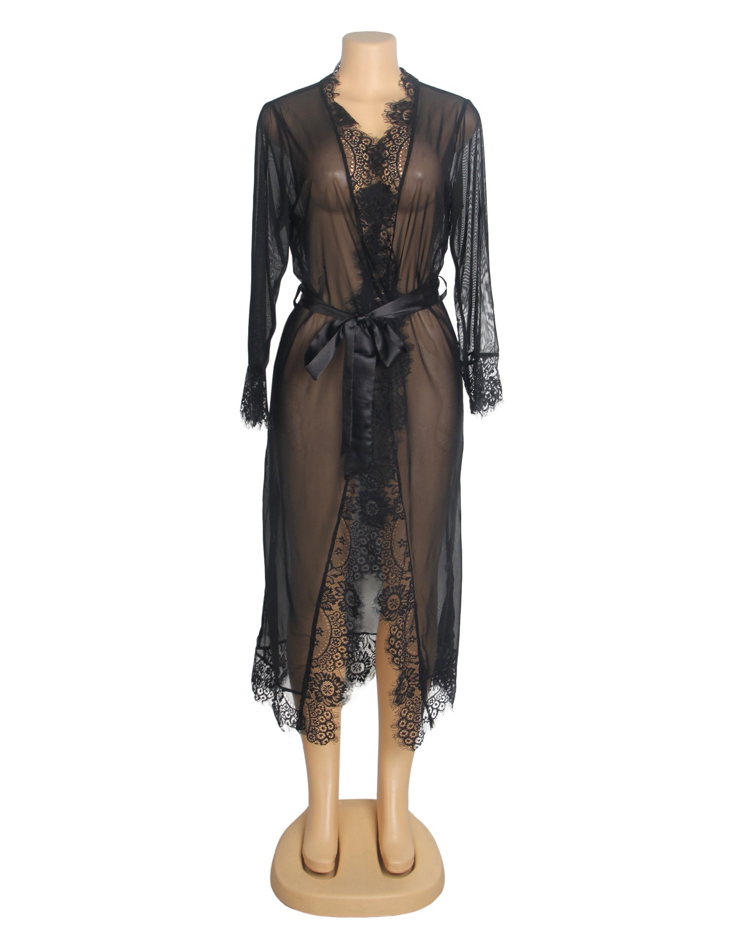 Schwarzes, sexy langes Nachthemd aus Mesh-Spitze mit Gürtel