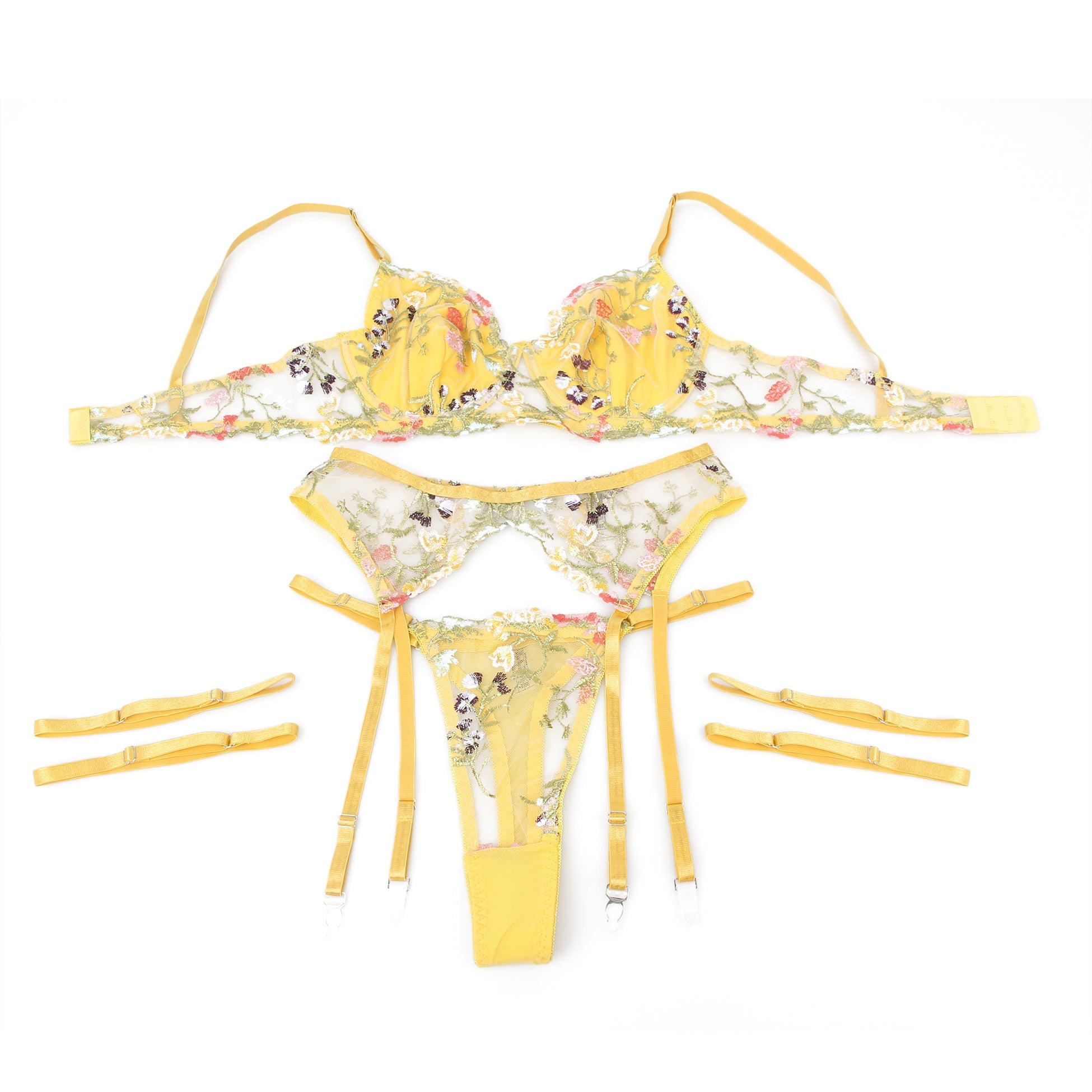 Gelbes, sexy BH-Set aus Mesh-Stickerei mit floraler Spitze und passenden Strumpfhaltern.