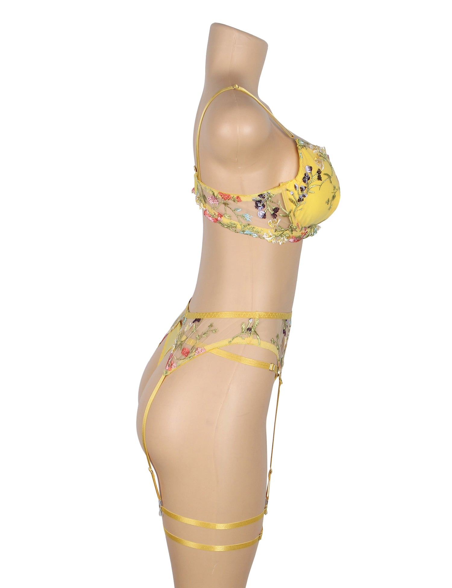 Gelbes, sexy BH-Set aus Mesh-Stickerei mit floraler Spitze und passenden Strumpfhaltern.