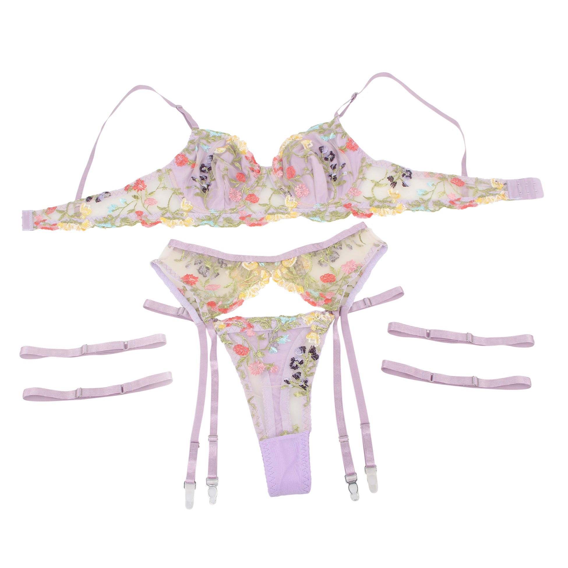 Purple Sexy Mesh Embroidery Floral Lace Bra Set with Garter Leg Rings