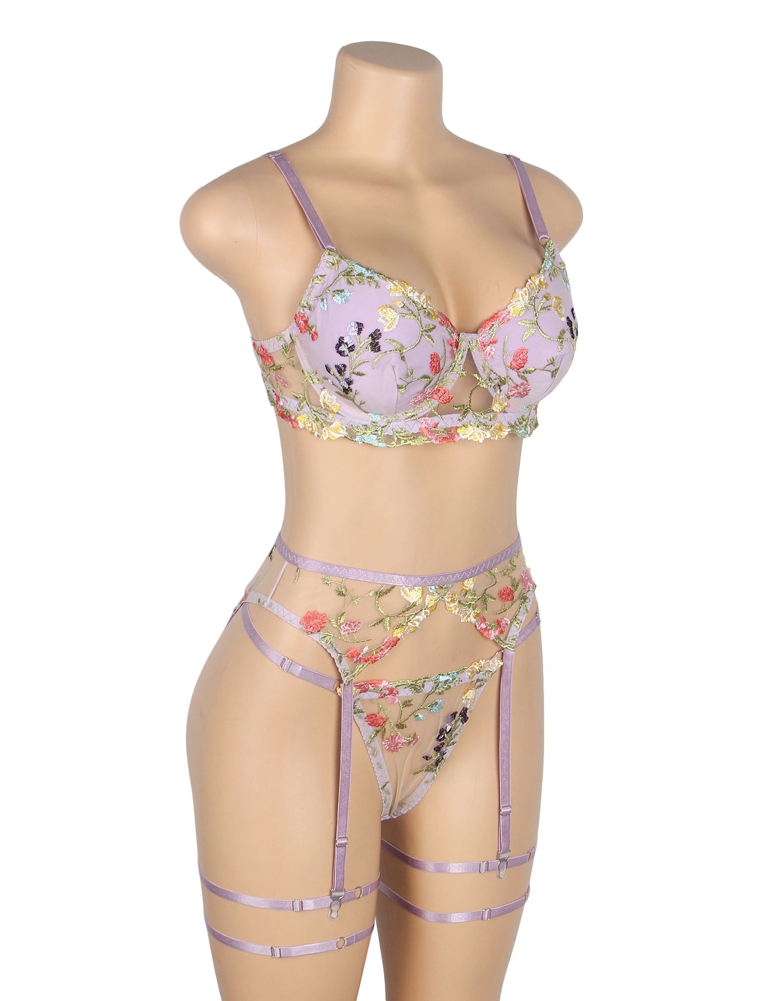 Purple Sexy Mesh Embroidery Floral Lace Bra Set with Garter Leg Rings