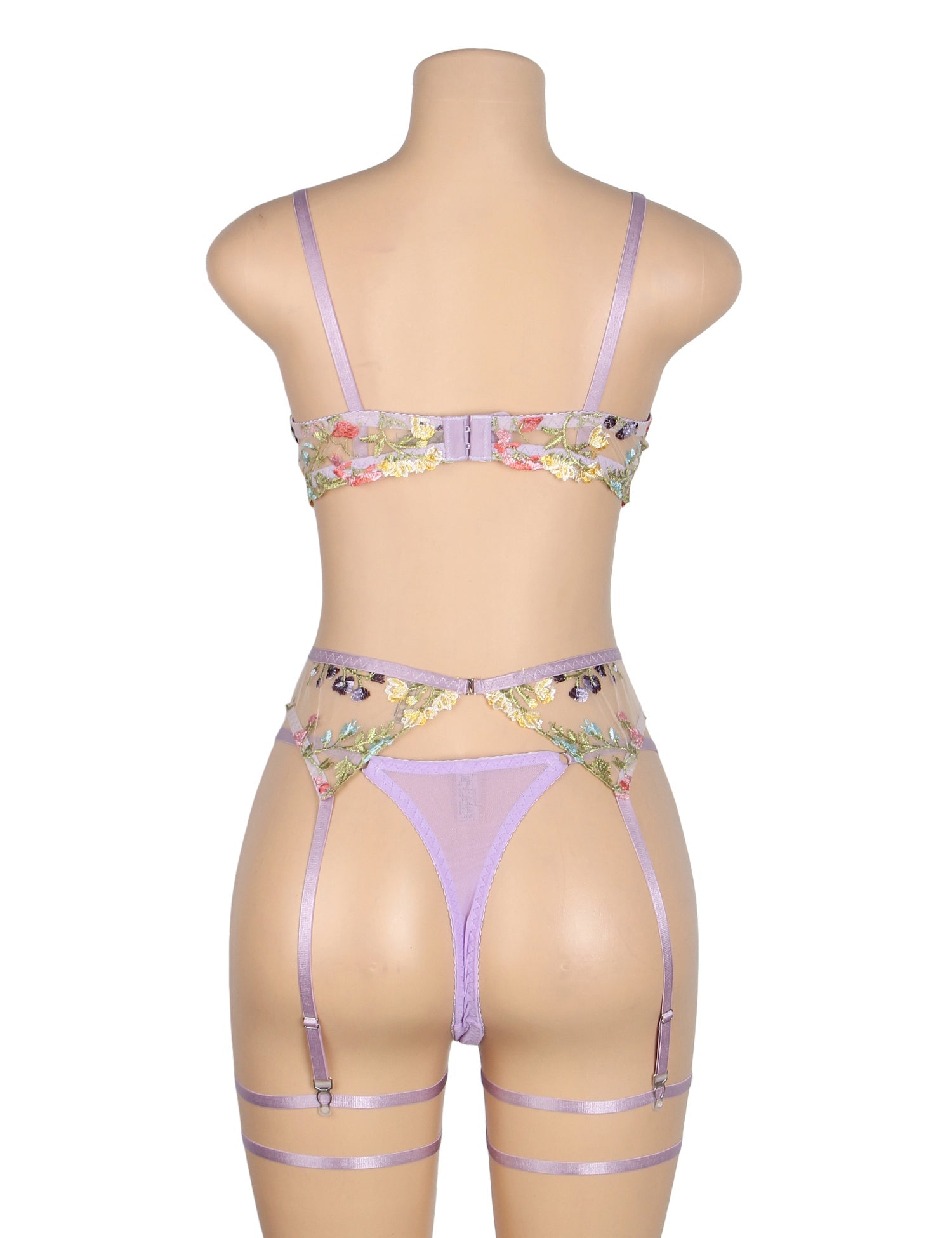 Purple Sexy Mesh Embroidery Floral Lace Bra Set with Garter Leg Rings