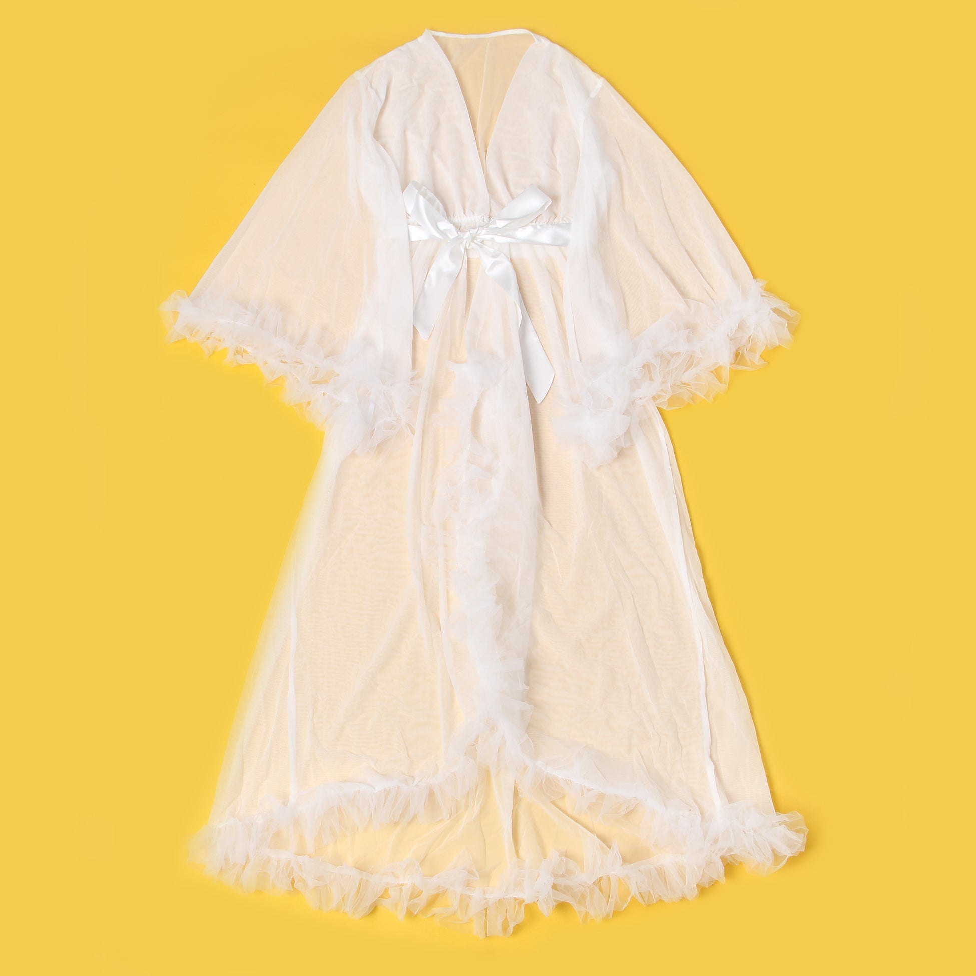 White Sexy Mesh Ruffled Long Robe With Belt