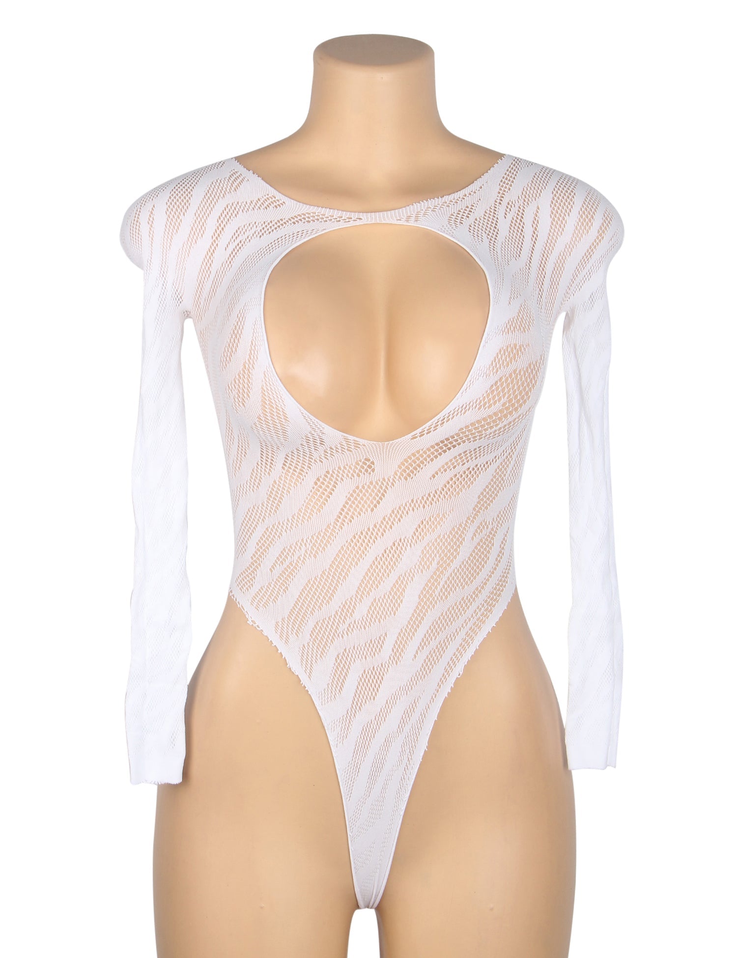 Body blanc sexy à rayures lumineuses, décolleté plongeant et manches longues