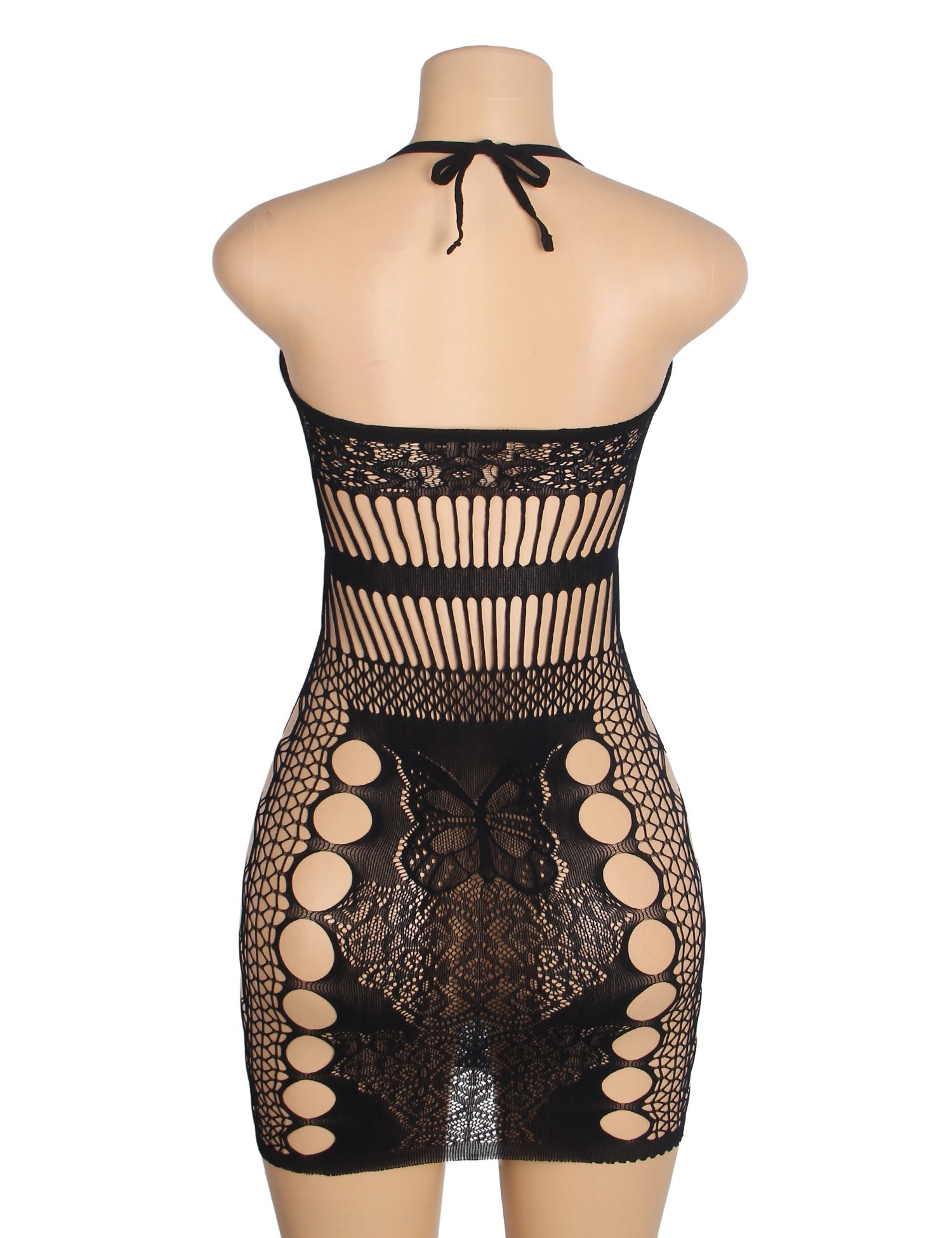 Robe moulante noire sexy en jacquard ajouré à dos nu