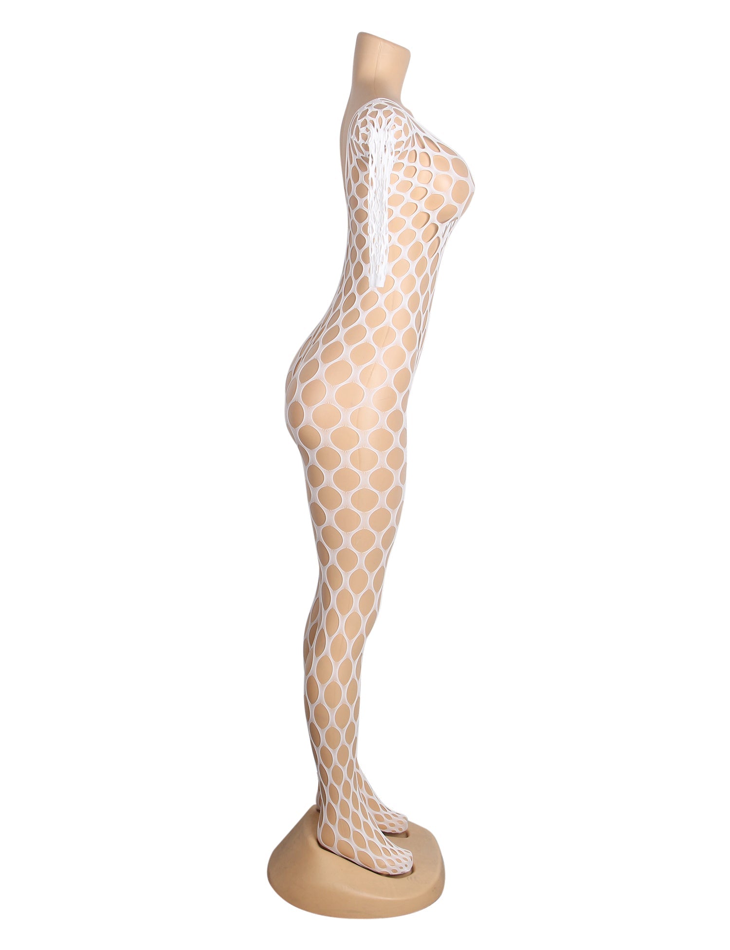 body résille blanc sexy et lumineux à manches longues et entrejambe ouverte