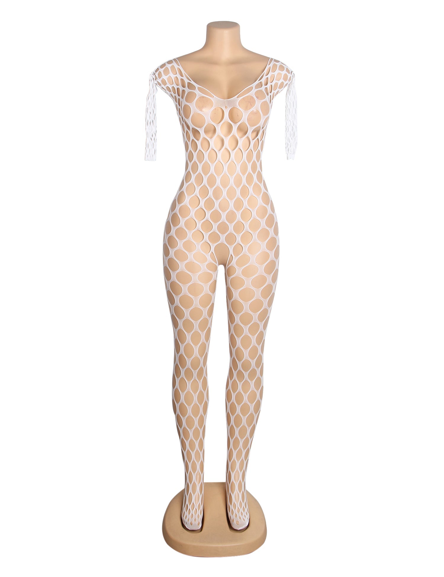 body résille blanc sexy et lumineux à manches longues et entrejambe ouverte