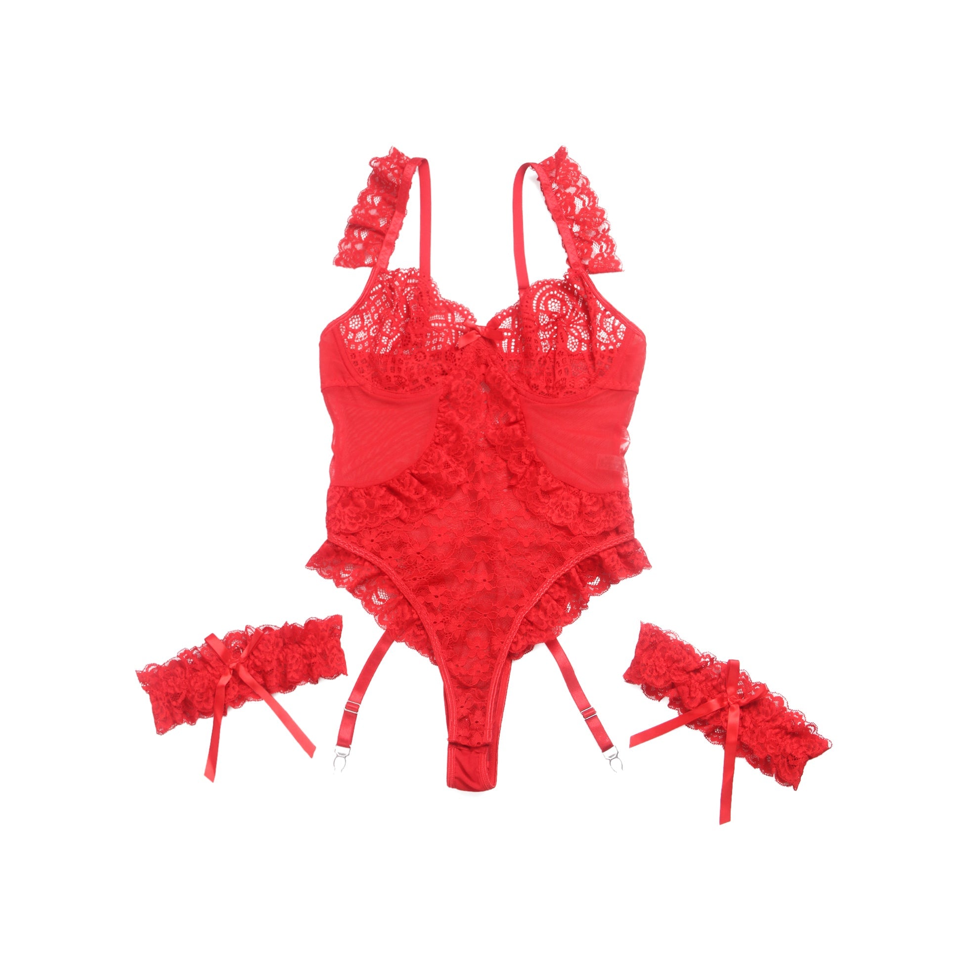 Roter, sexy Jacquard-Spitzen-Mesh-Body ohne Schritt mit Strumpfband