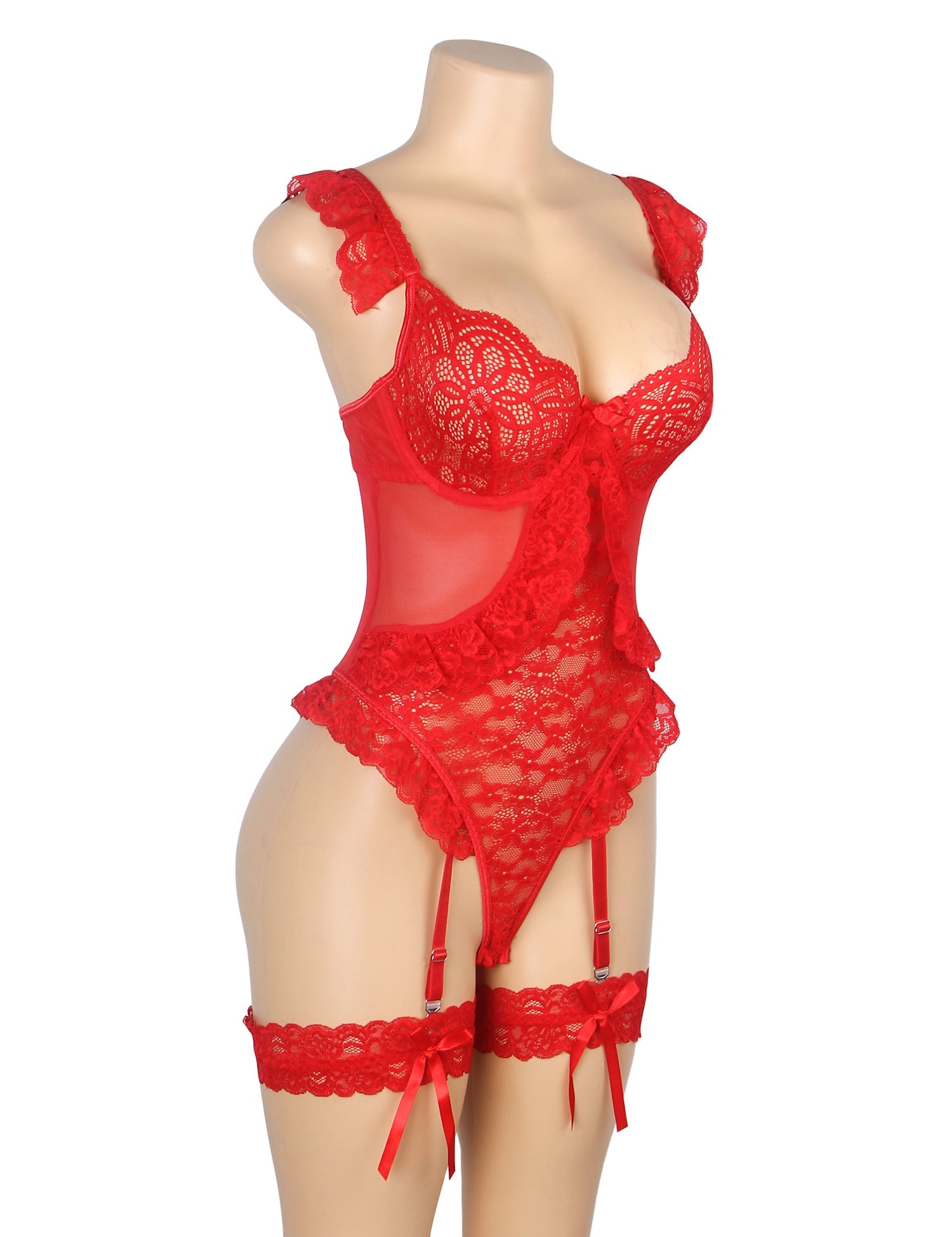 Roter, sexy Jacquard-Spitzen-Mesh-Body ohne Schritt mit Strumpfband